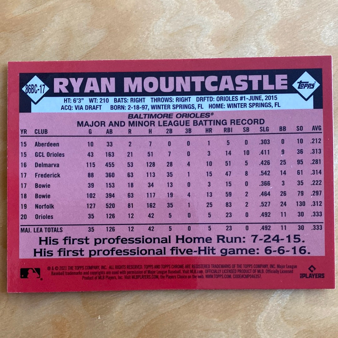 Topps Chrome Parallel RC OF/1B Ryan Mountcastle 35th Anniversary 1986-2021 #86BC-17