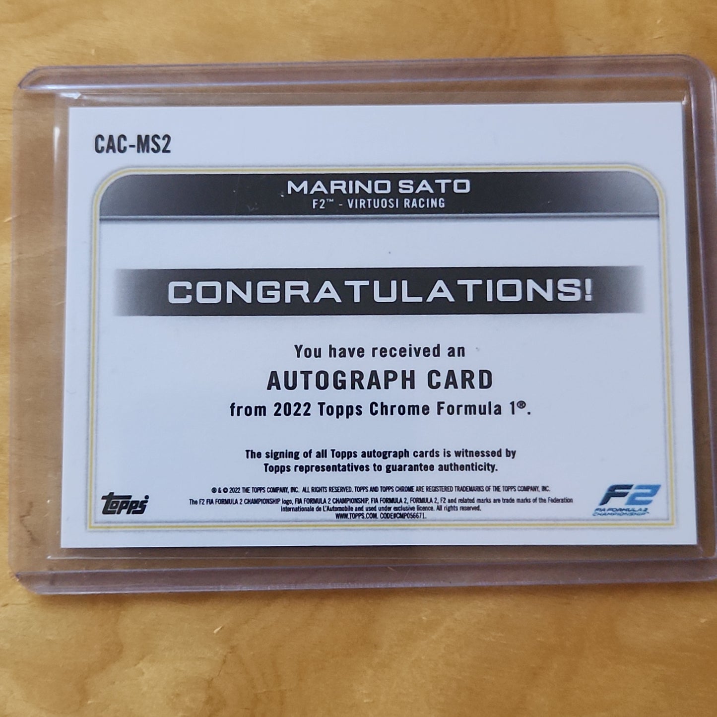 2022 Topps Chrome F1 Marino Sato AUTO Refractor #CAC-MS F2-Virtuosi Racing