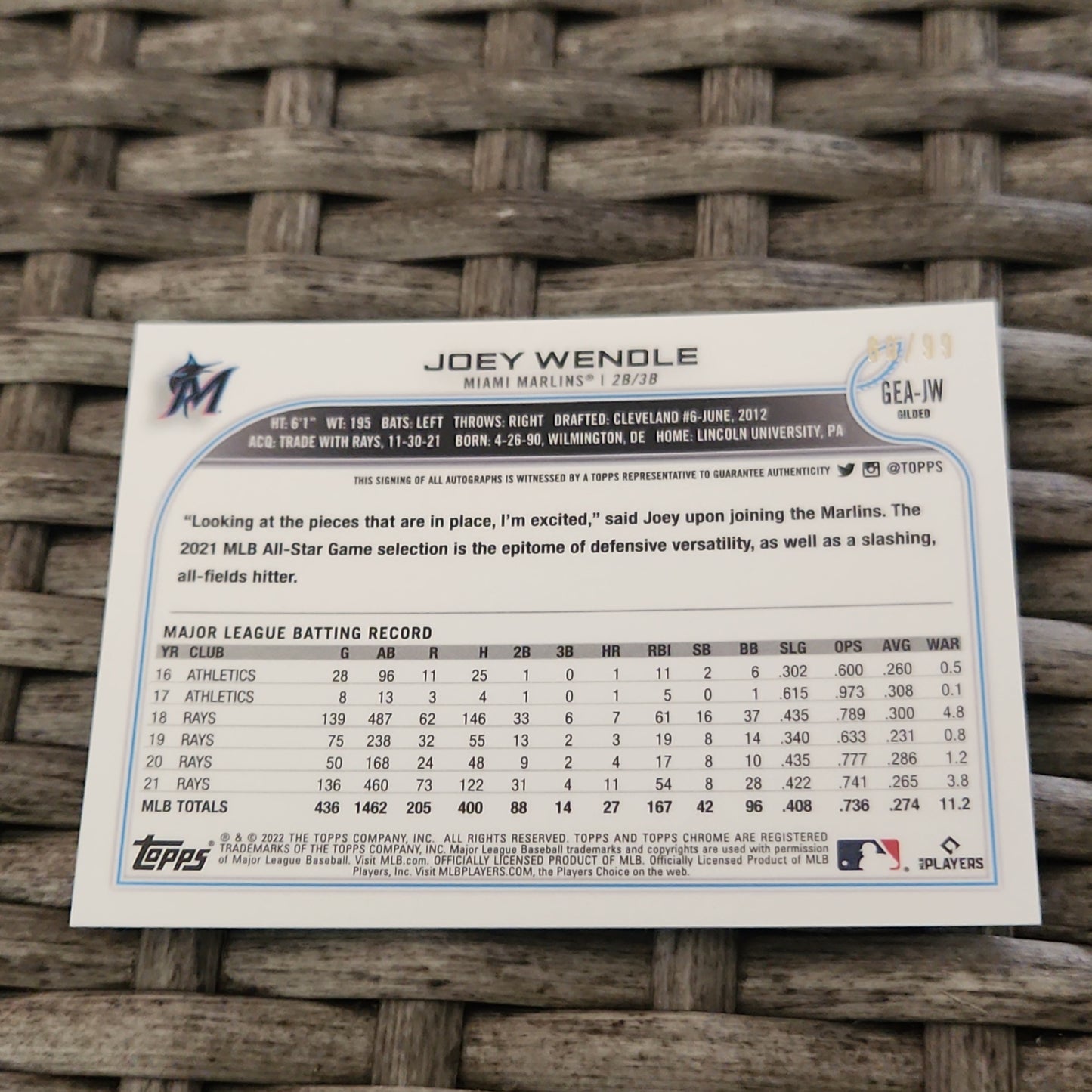 Topps Chrome Gilded Joey Wendle Auto 60/99 #GEA-JW