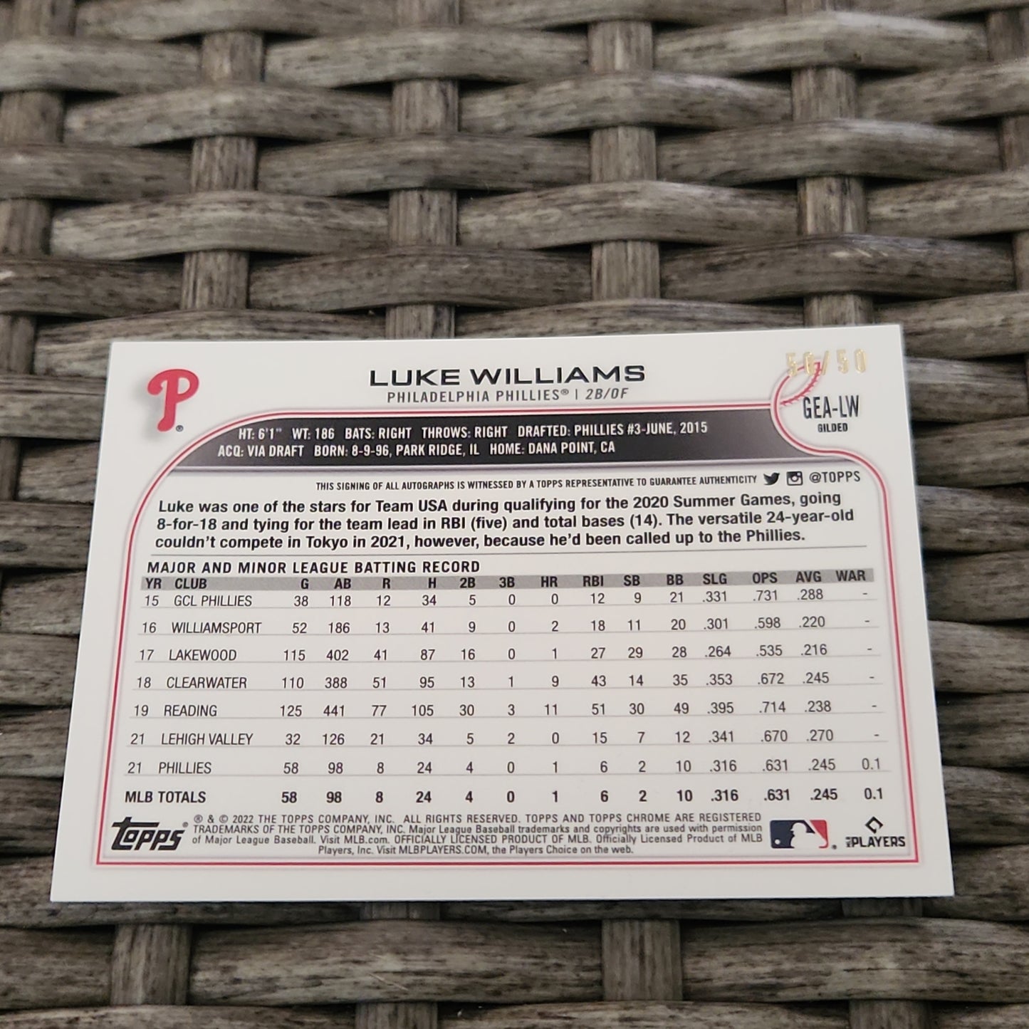 Topps Chrome Gilded Blue Luke Williams Auto 50/50 #GEA-LW
