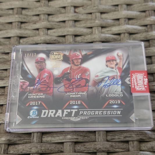 Topps Chrome Archive Signature Series 1st Bowman Draft Progression Hunter Greene, Jonathan India, Nick Lodolo Auto 10/17 #DPR-CIN
