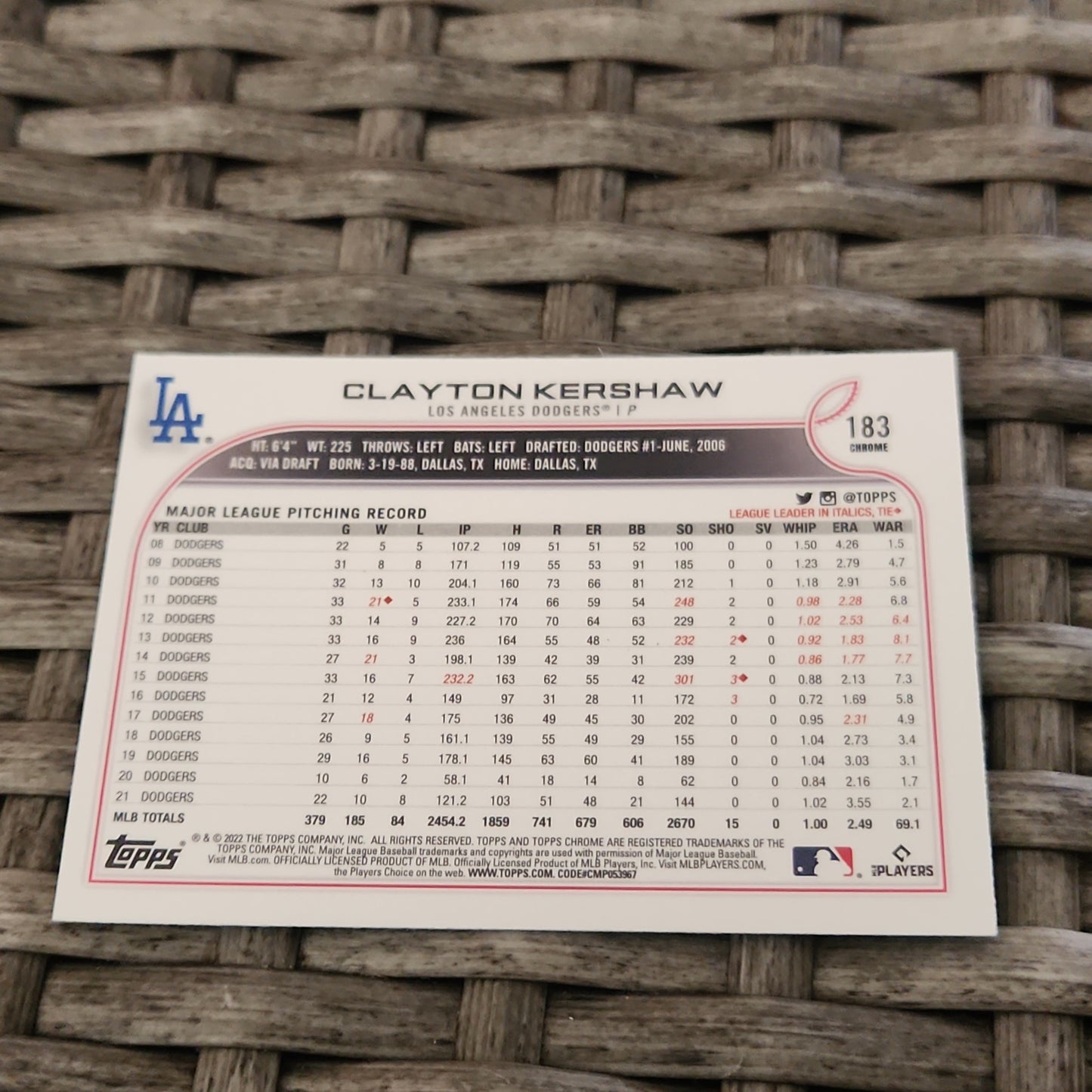 Topps Chrome Prism Refractor Clayton Kershaw #183
