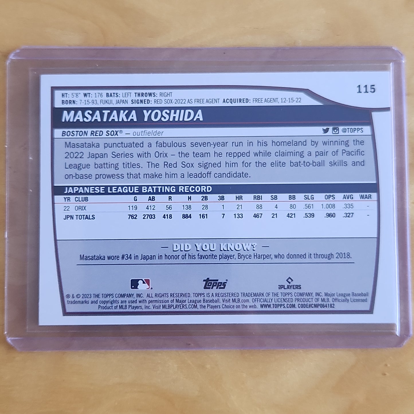 2023 Topps Big League Masataka Yoshida #115 Boston Red Sox