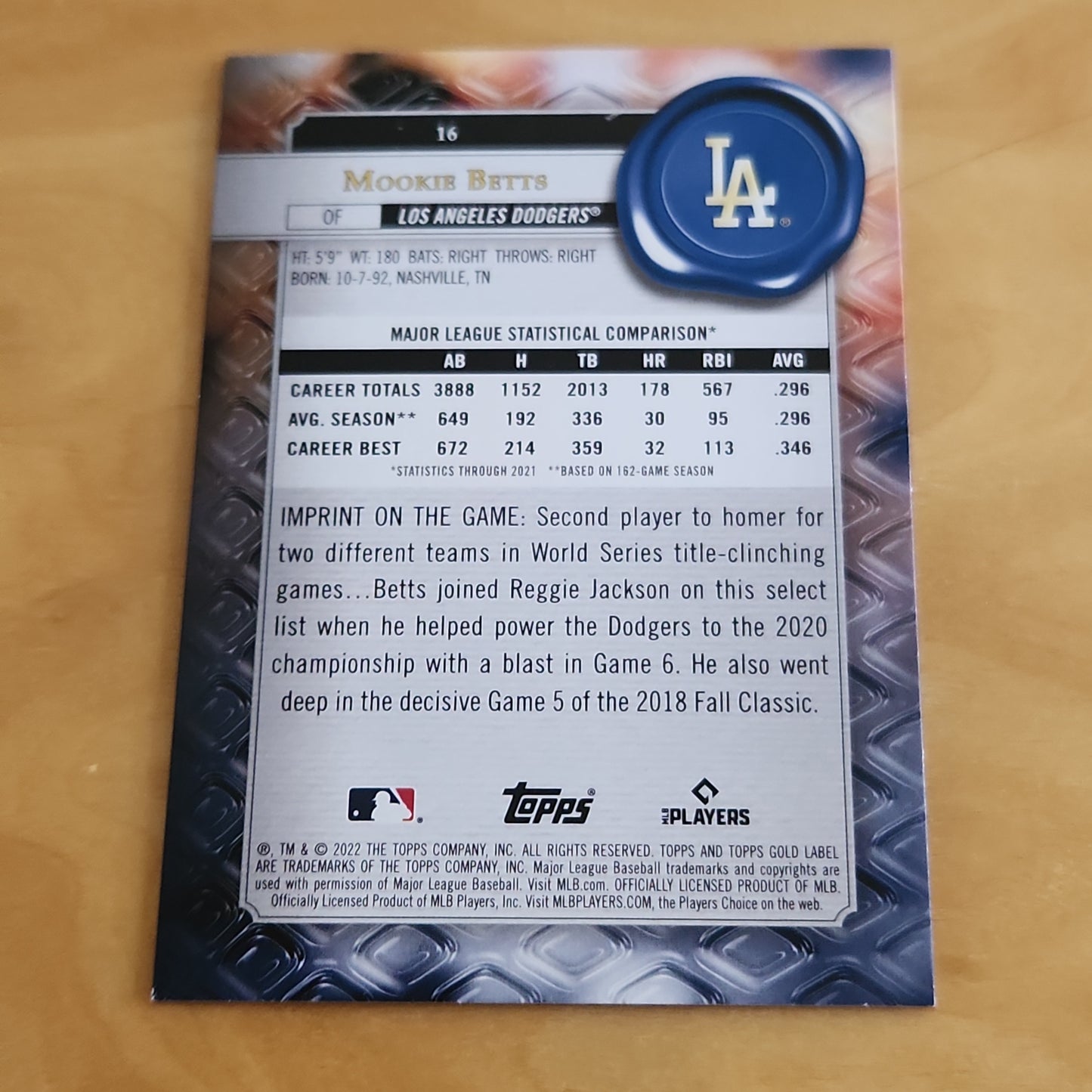 Topps Gold Label Mookie Betts #16