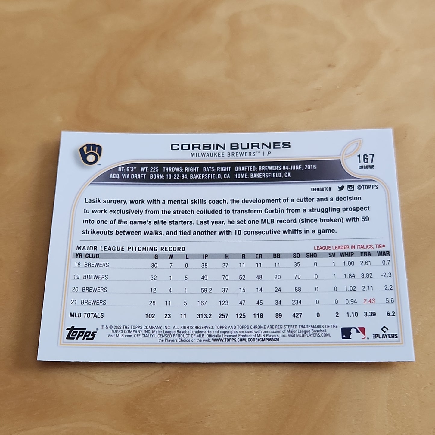 Topps Chrome Corbin Burnes #167