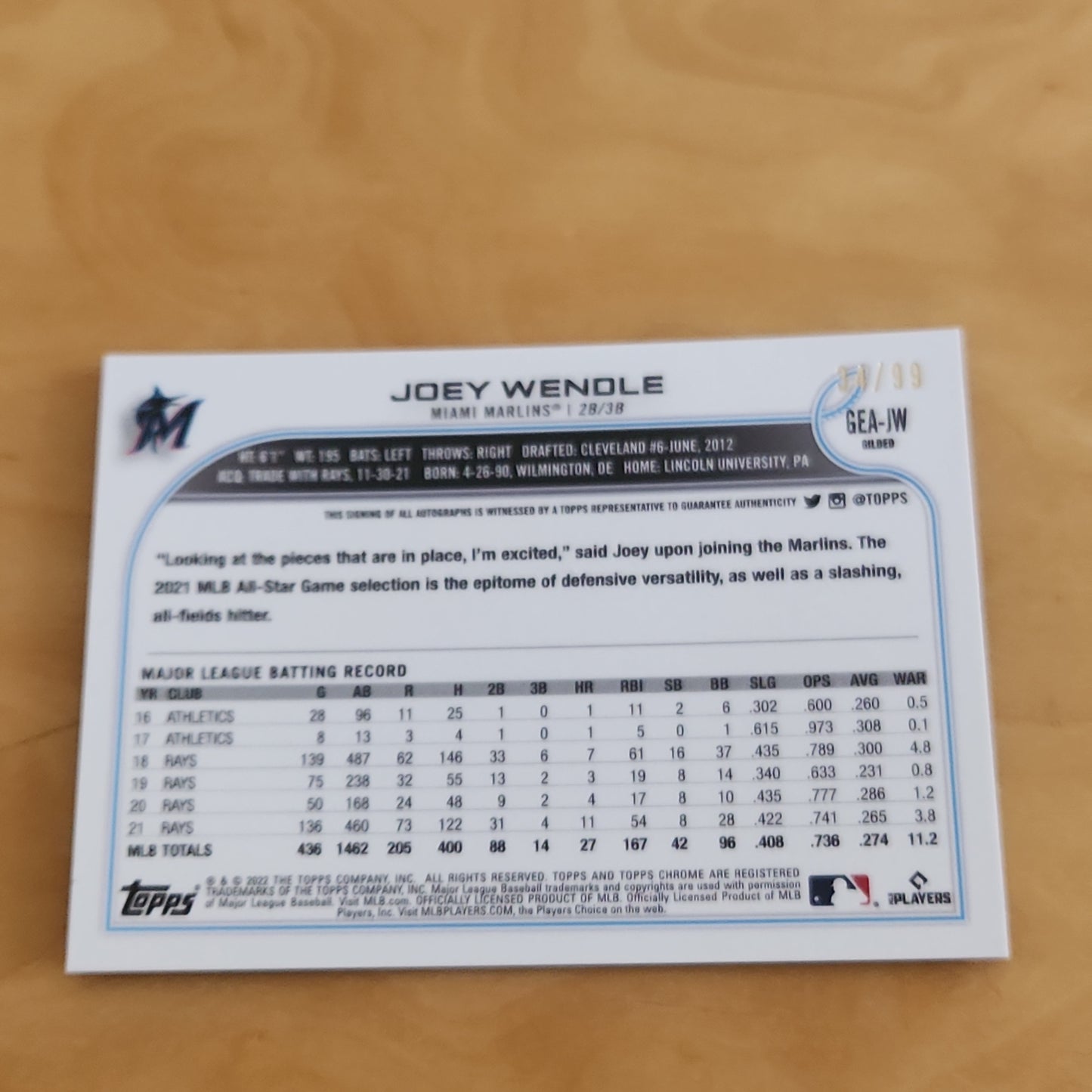 Topps Chrome Gilded Joey Wendle Auto 34/99 #GEA-JW