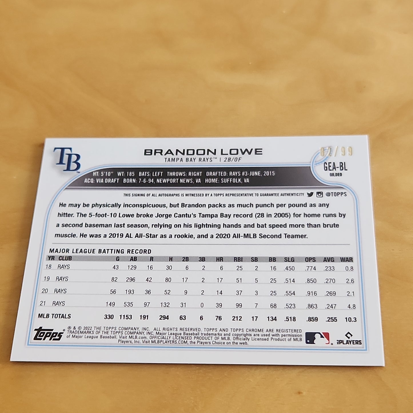 Topps Chrome Black Gilded Brandon Lowe Auto 82/99 #GEA-BL
