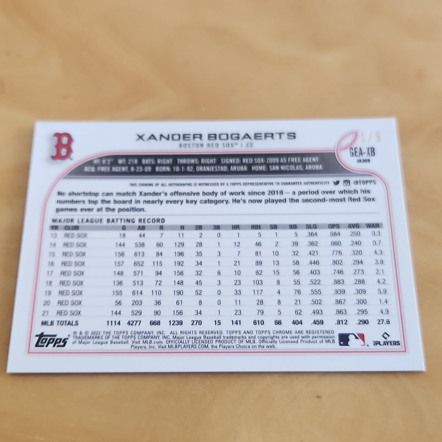 Topps Chrome Red Gilded Xander Bogaerts Auto 1/5 #GEA-XB