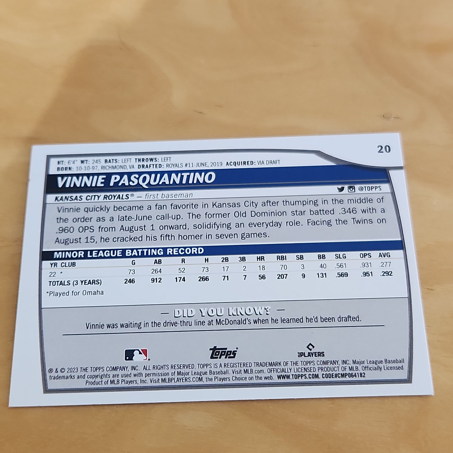 Topps BL Vinnie Pasquantino RC #20