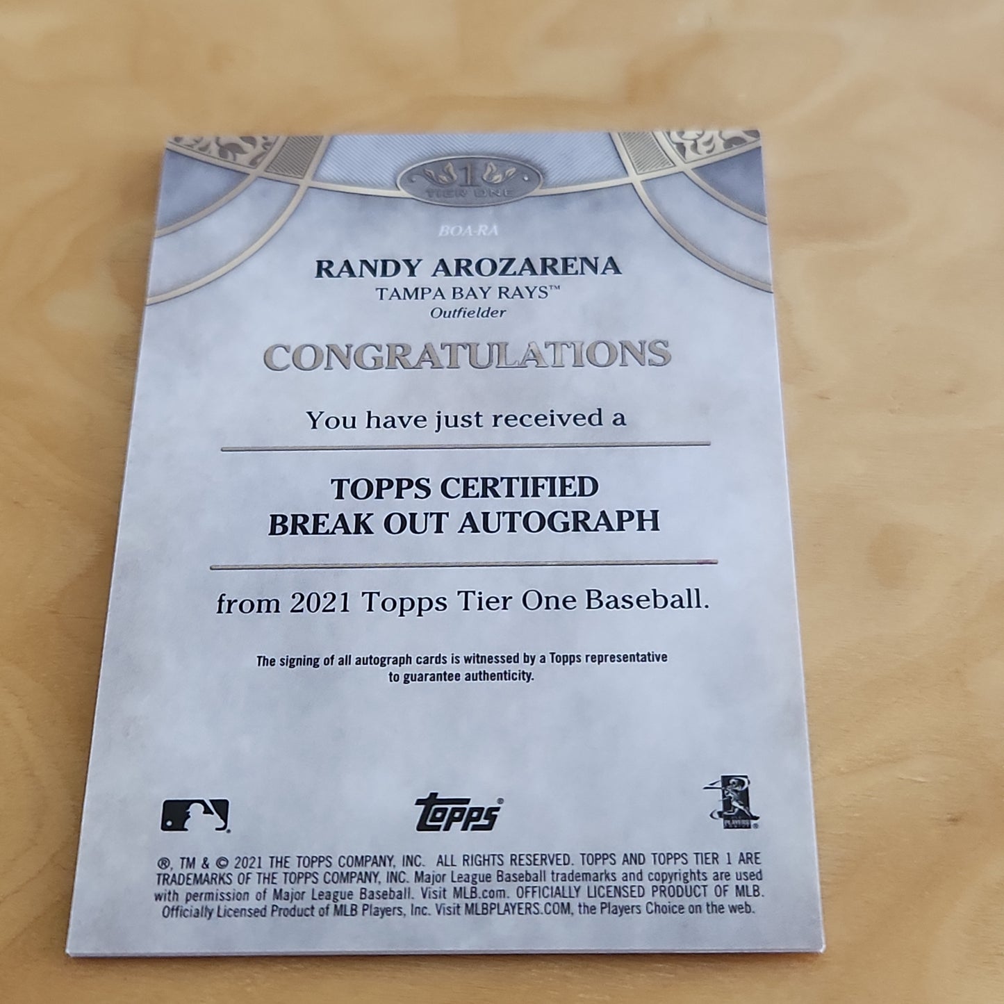 Topps Tier One Randy Arozarena Auto 109/275 #BOA-RA