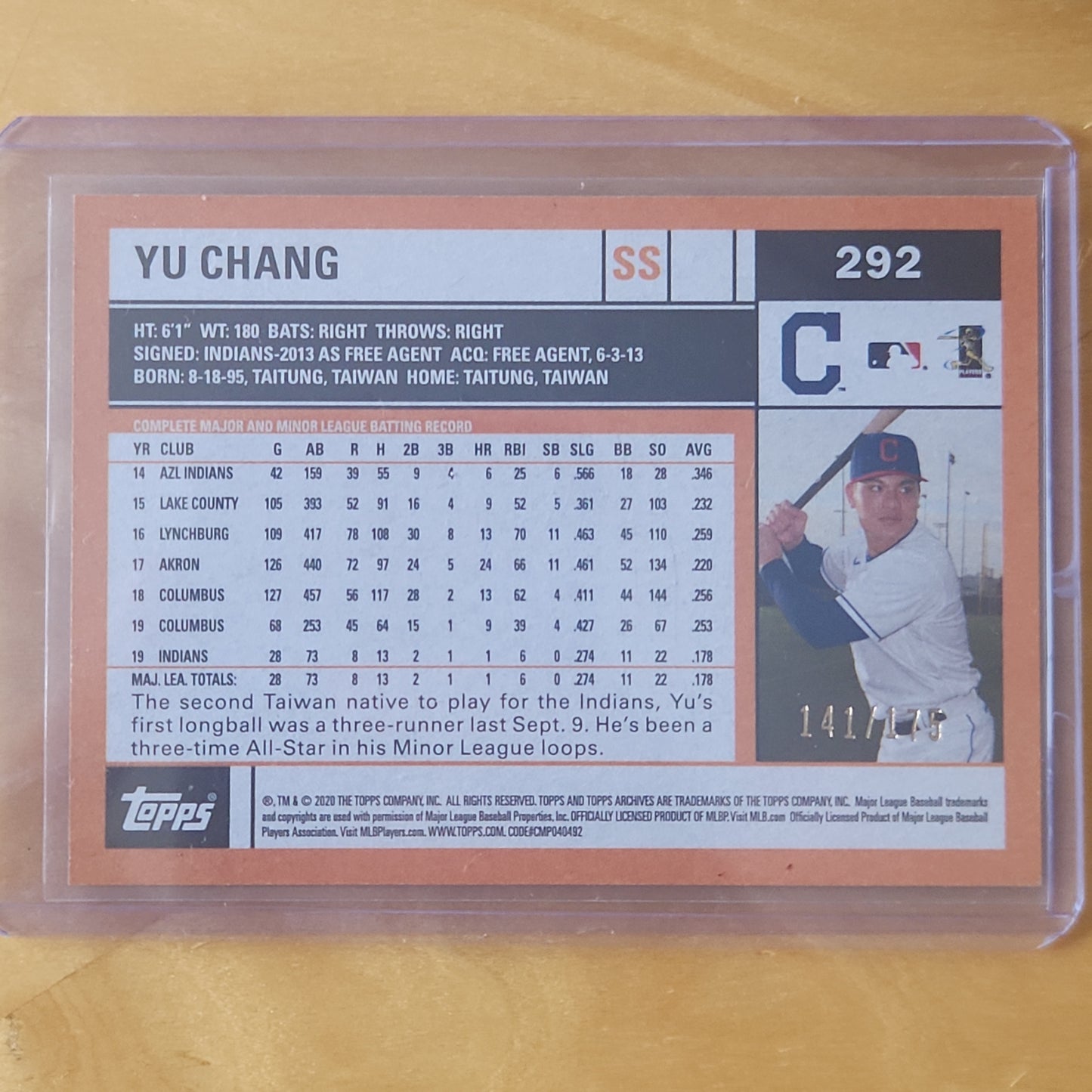 2020 Topps Archives Yu Chang RC Purple Parallel 141/175 #292 Chicago Cubs