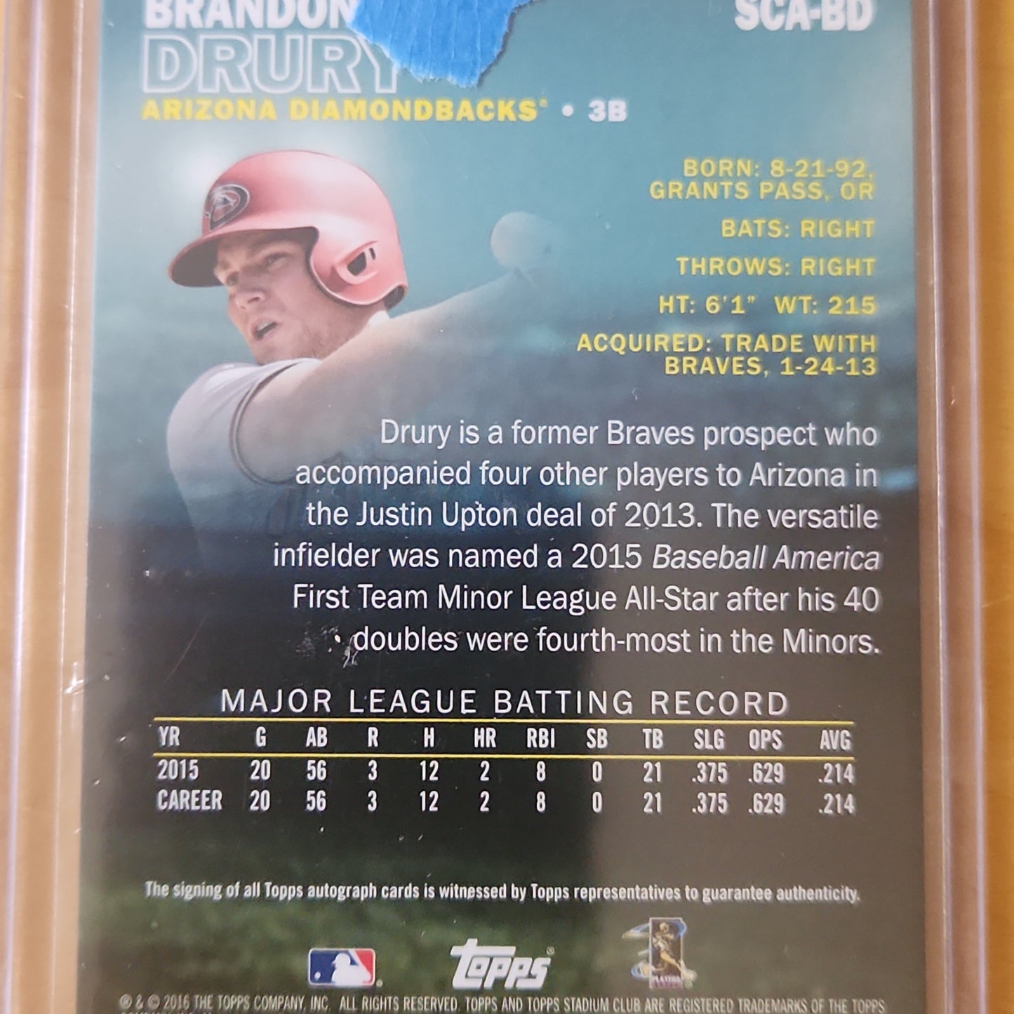 2016 Topps Stadium Club Brandon Drury RC AUTO #SCA-BD Arizona Diamondbacks