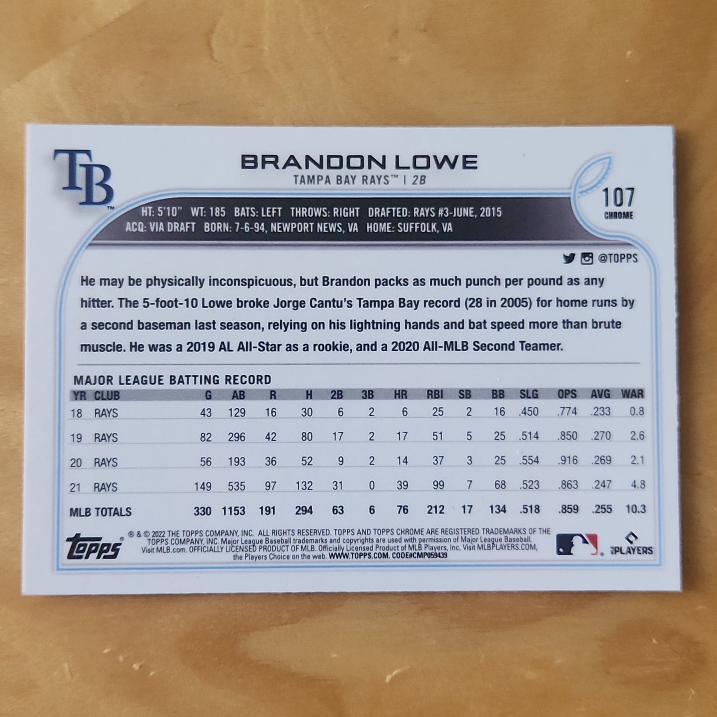 2022 Topps Chrome Brandon Lowe Wave Refractor #107 Tampa Bay Ray