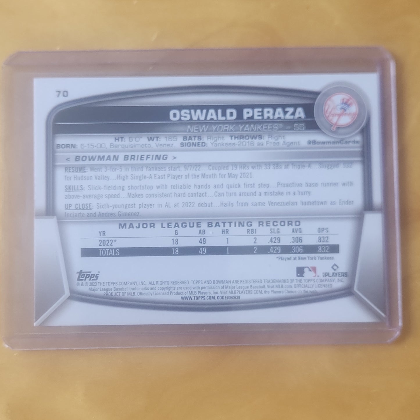 2023 Topps Bowman Oswald Peraza #70 New York Yankees