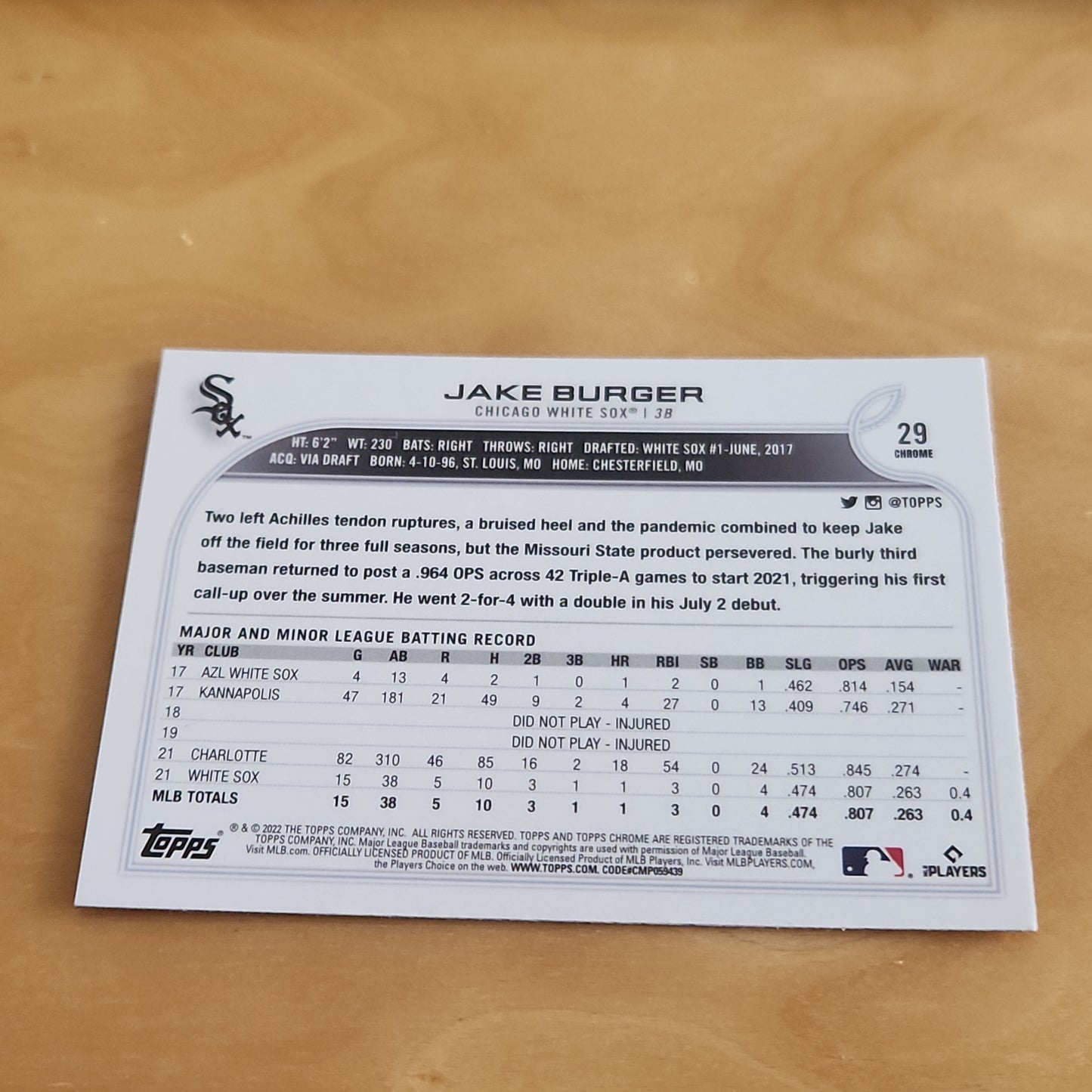 Topps Chrome Prism Refractor Jake Burger RC #29