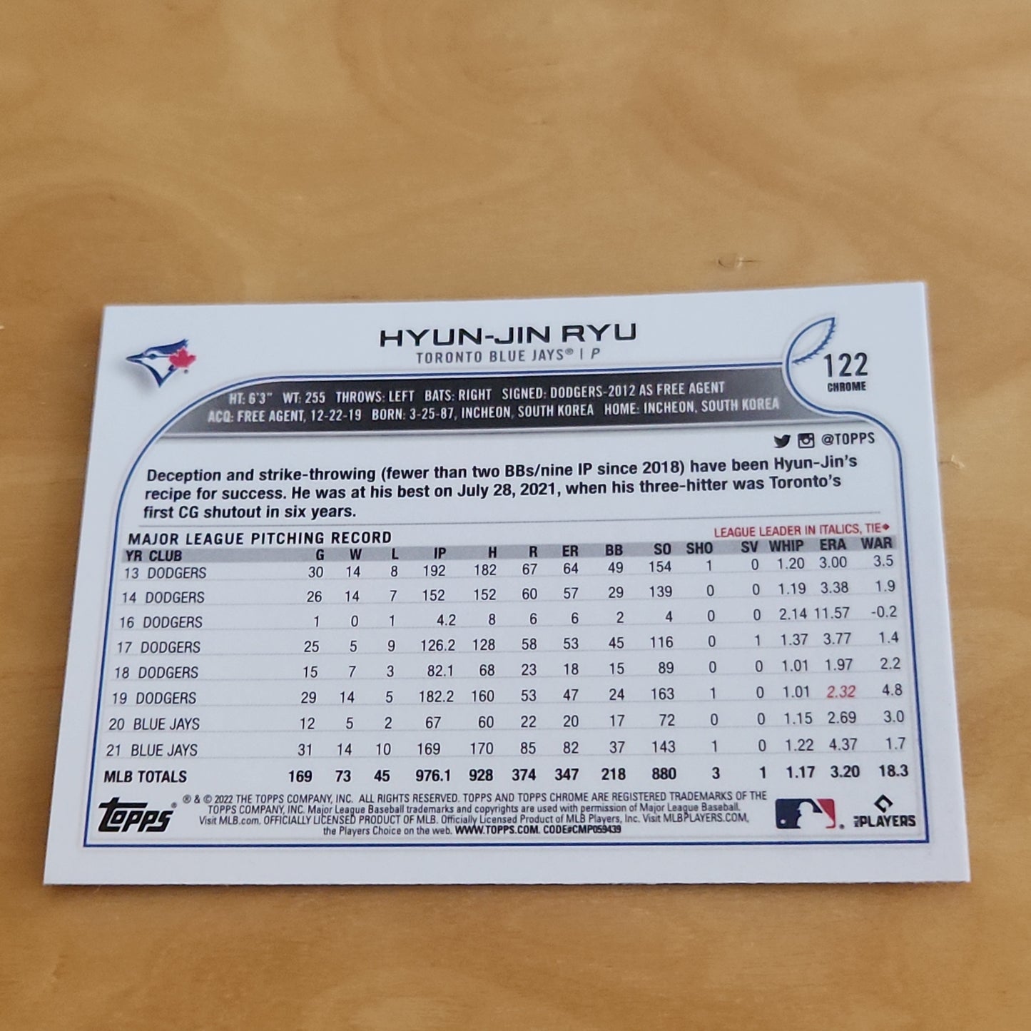 Topps Chrome Sonic Black & White Hyun-Jin Ryu #122