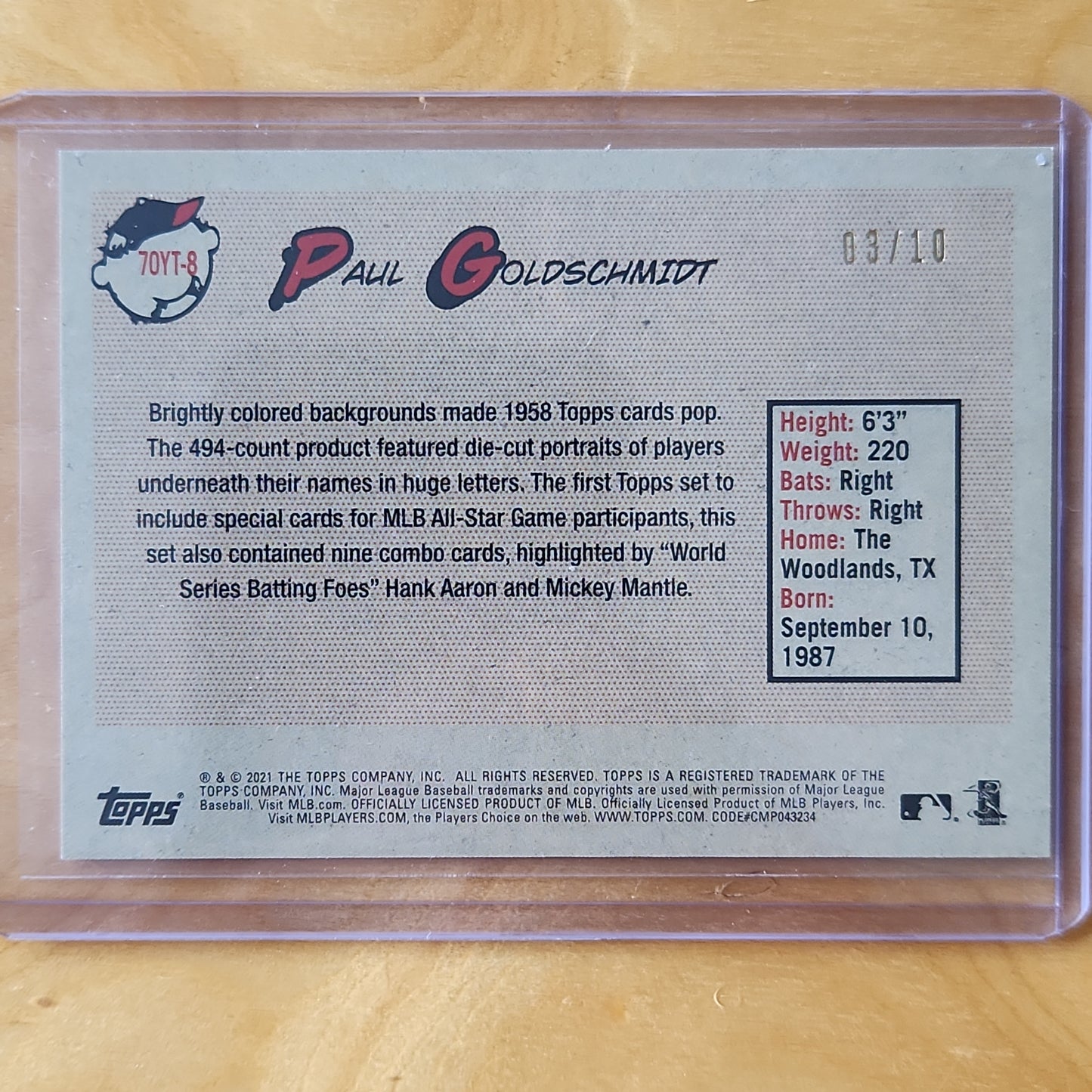 2021 Topps 70th Anniversary Paul Goldschmidt AUTO Red Parellel 03/10 #70YT-8 St. Louis Cardinals