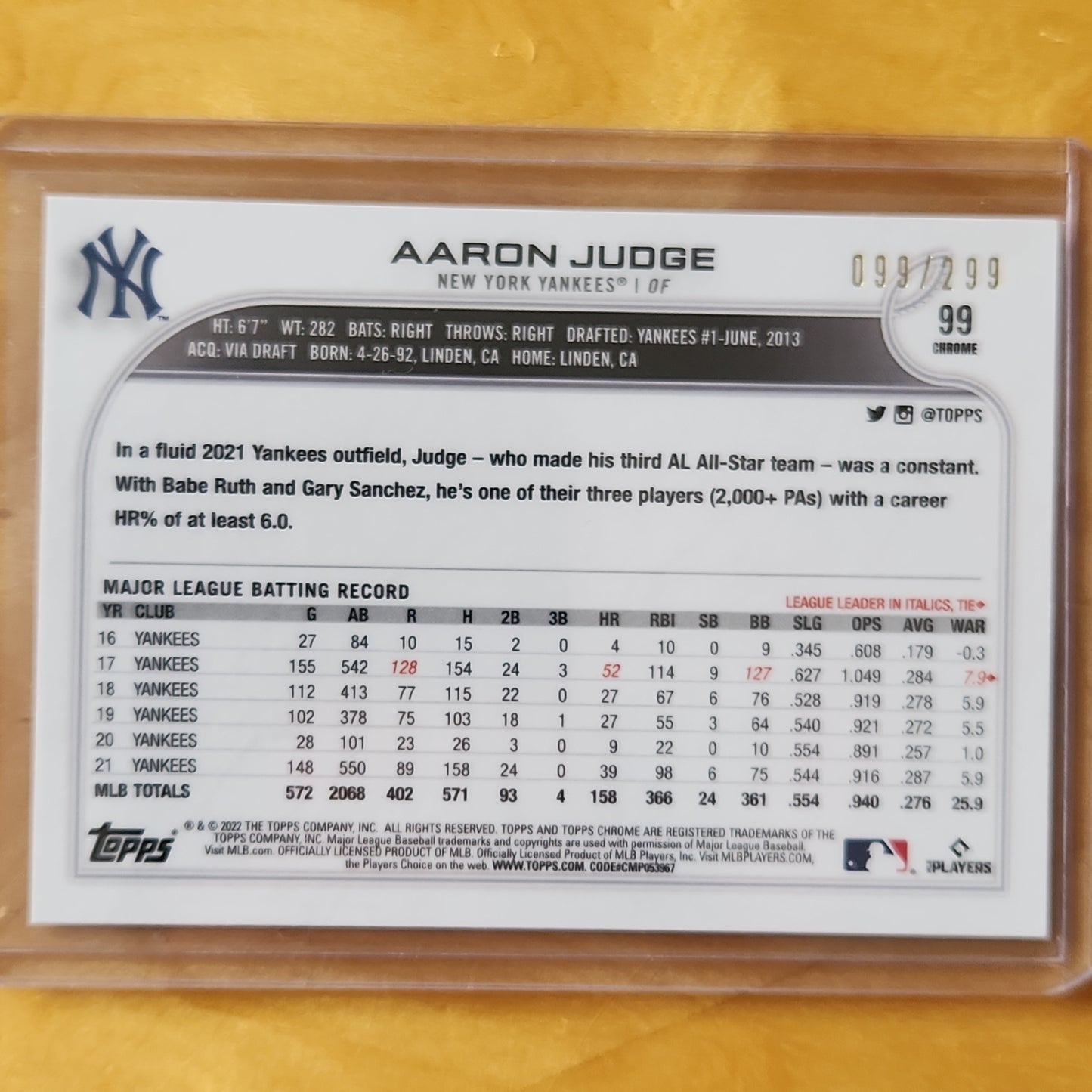 2022 Topps Chrome Aaron Judge Purple Speckle 099/299 #99 New York Yankees