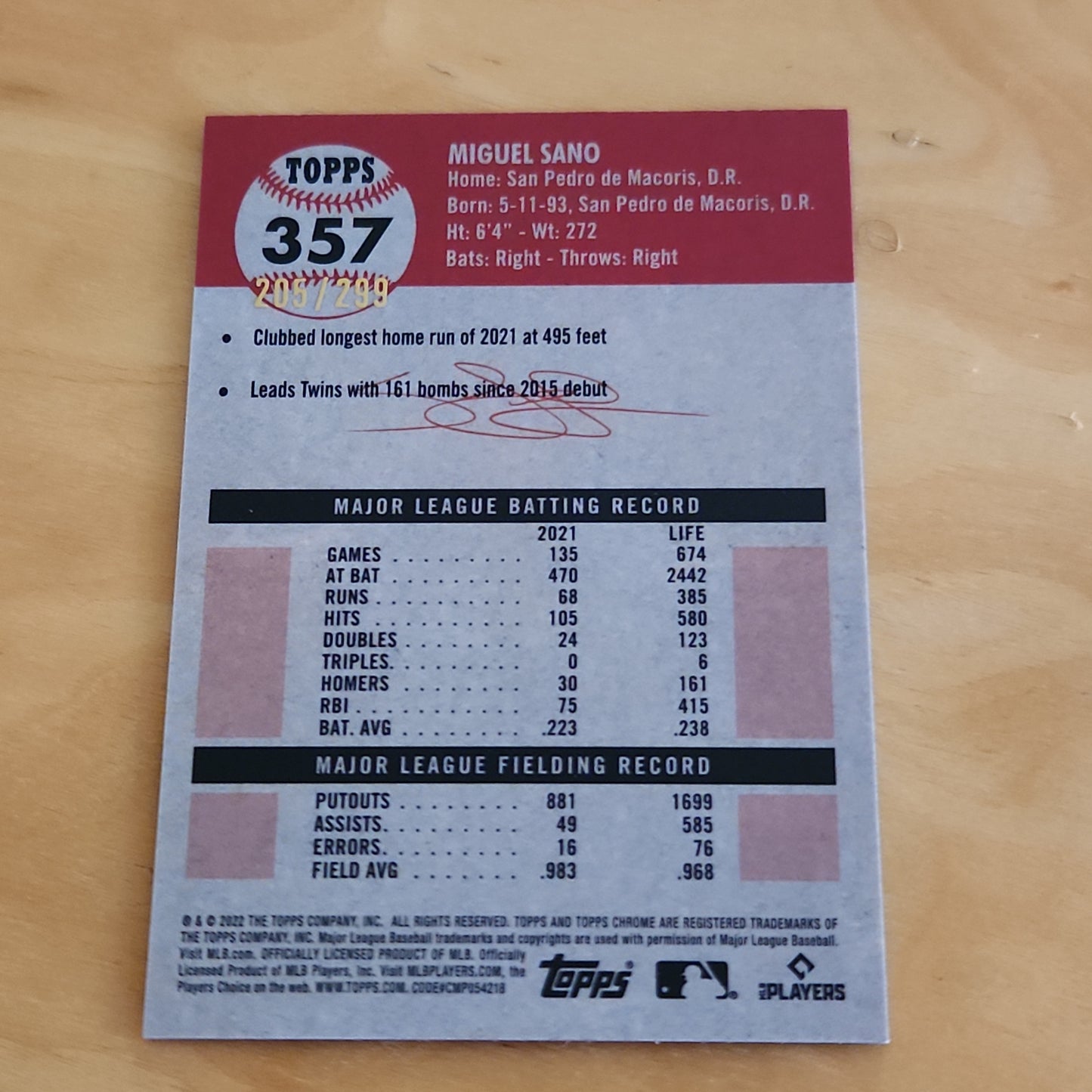 Topps Chrome Auqa Lava Miguel Sano 205/299 #357