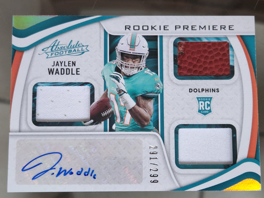 2021 Panini Absolute Rookie Premiere Jaylen Waddle RC Ball Patch AUTO 291/299