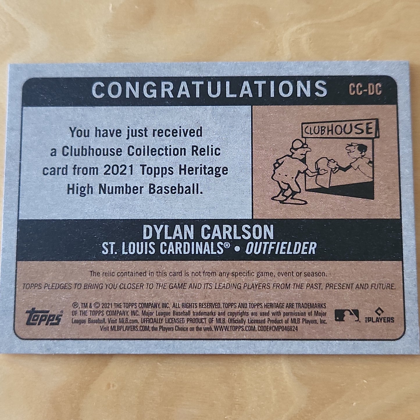 Topps Heritage Clubhouse Collection Dylan Carlson Jersey Patch #CC-DC