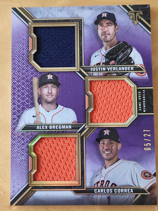 2021 Topps Triple Threads relic combo Justin Verlander/Alex Bregman/Carlos Correa Amethyst 5/27 #RCC-VBC