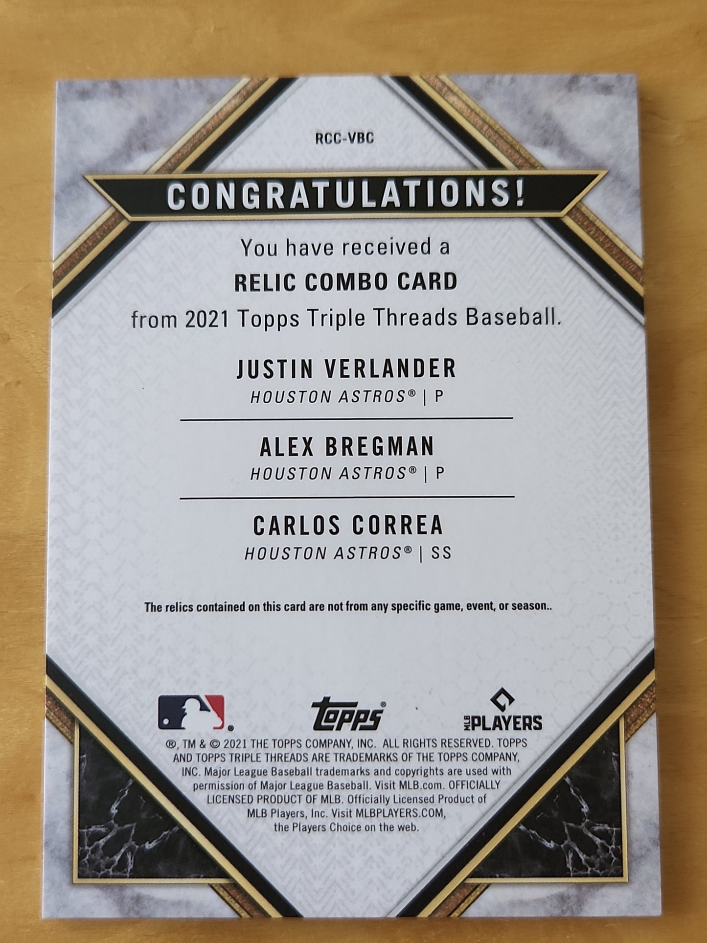 2021 Topps Triple Threads relic combo Justin Verlander/Alex Bregman/Carlos Correa Amethyst 5/27 #RCC-VBC