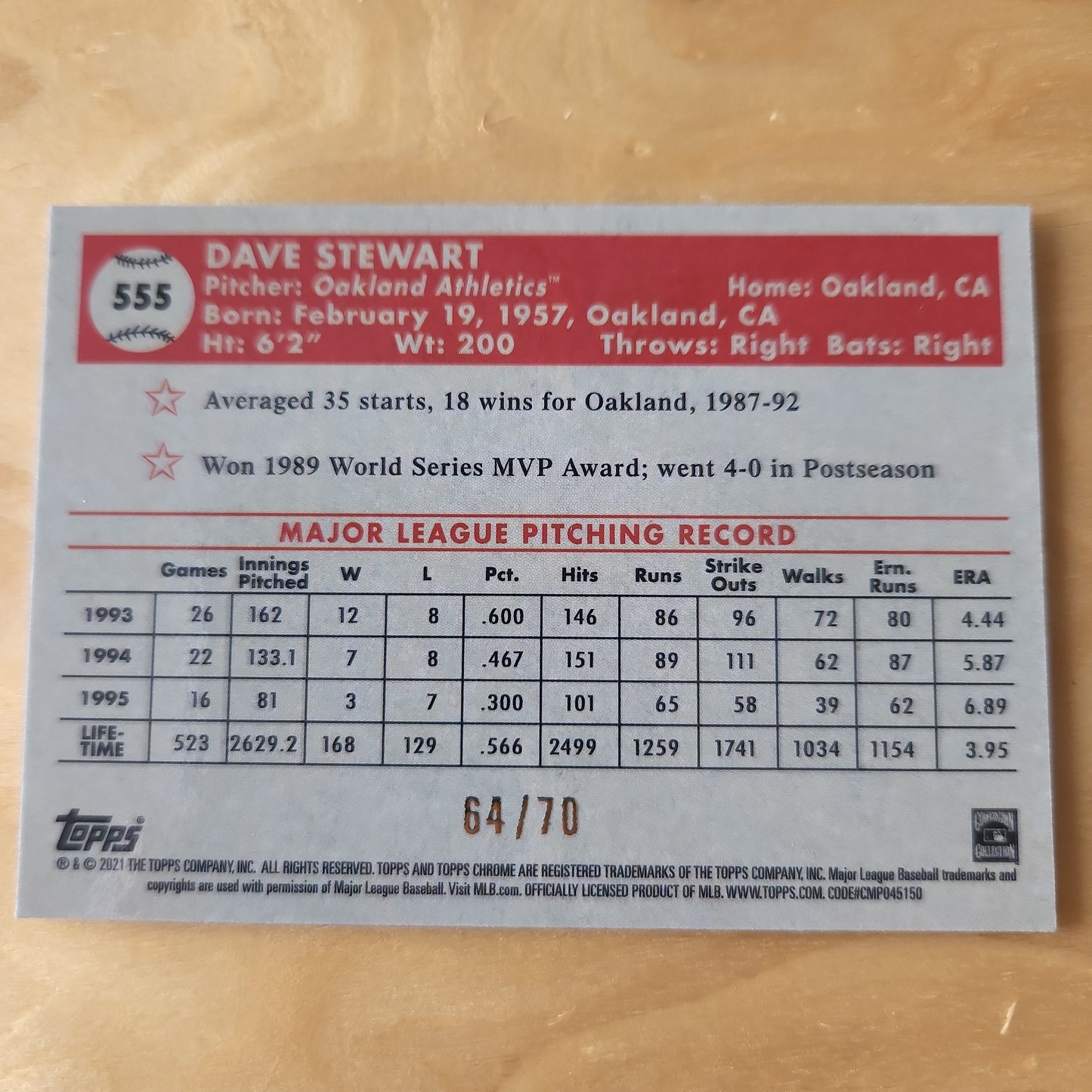 2021 Topps Chrome Dave Stewart  Platnuim 70th Mini Diamonds 64/70 #555