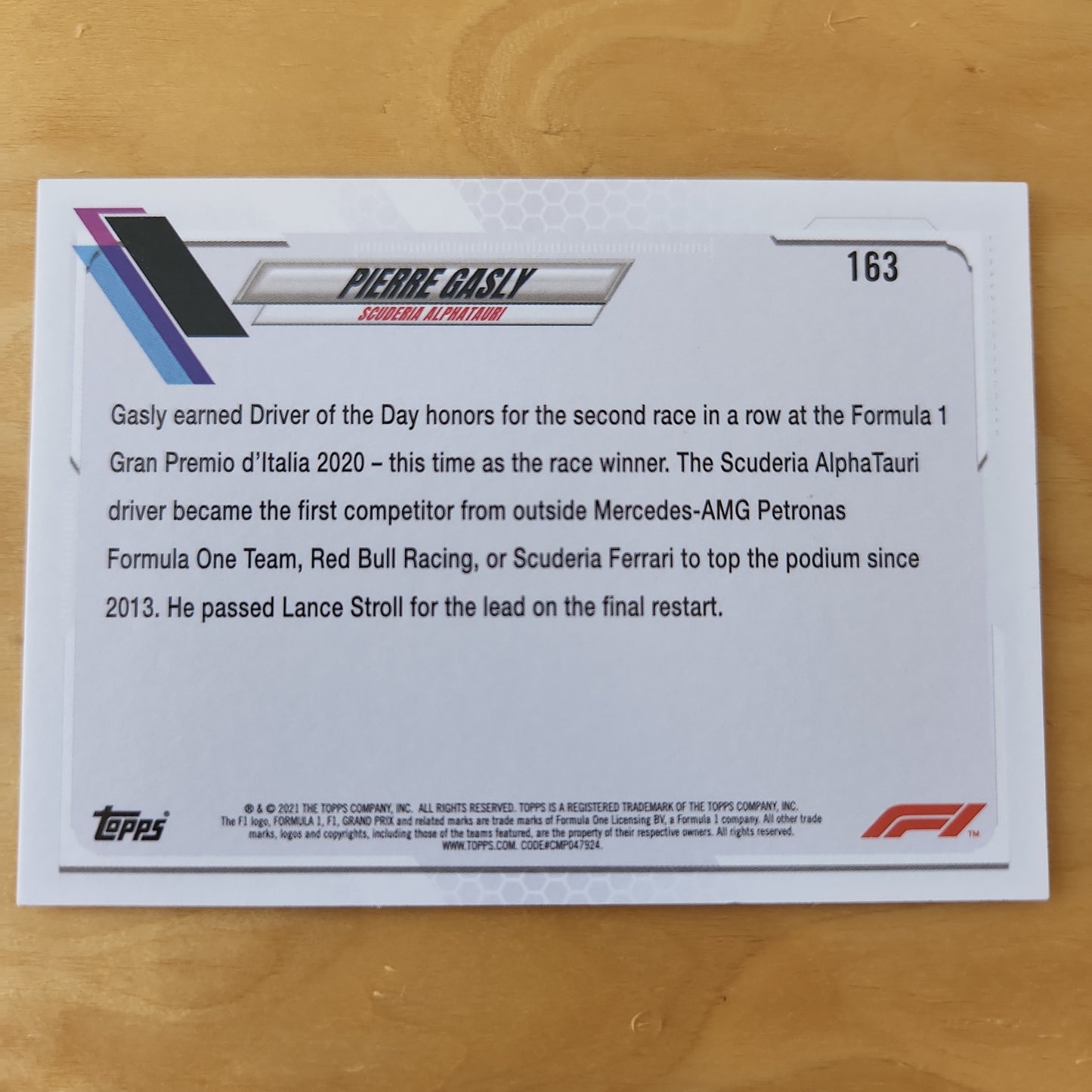 2021 Topps F1 Grand Prix Driver of the day Pierre Gasly Checker Flag #163