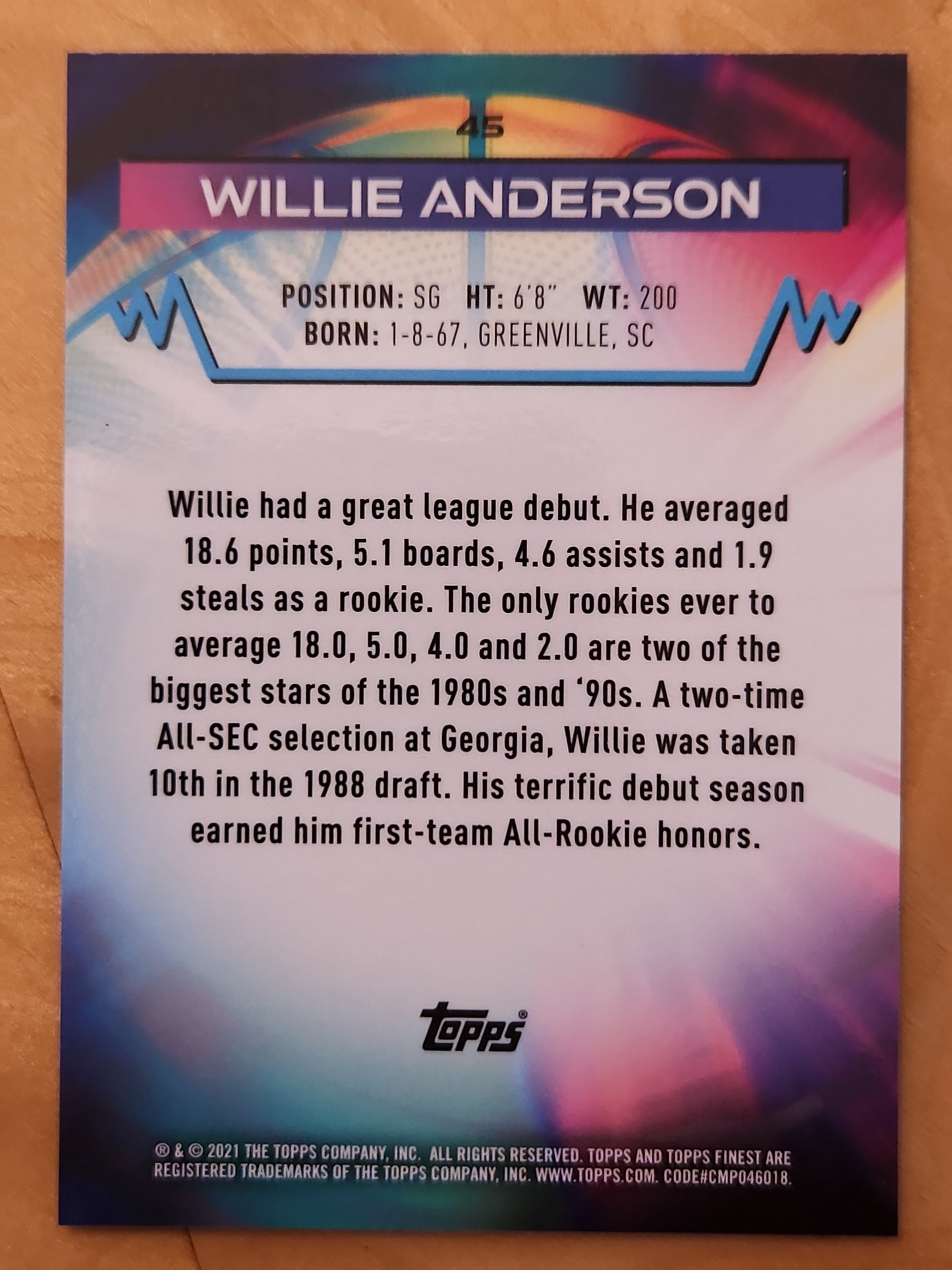2021 Topps Finest Willie Anderson #45 Green Refractor 27/99