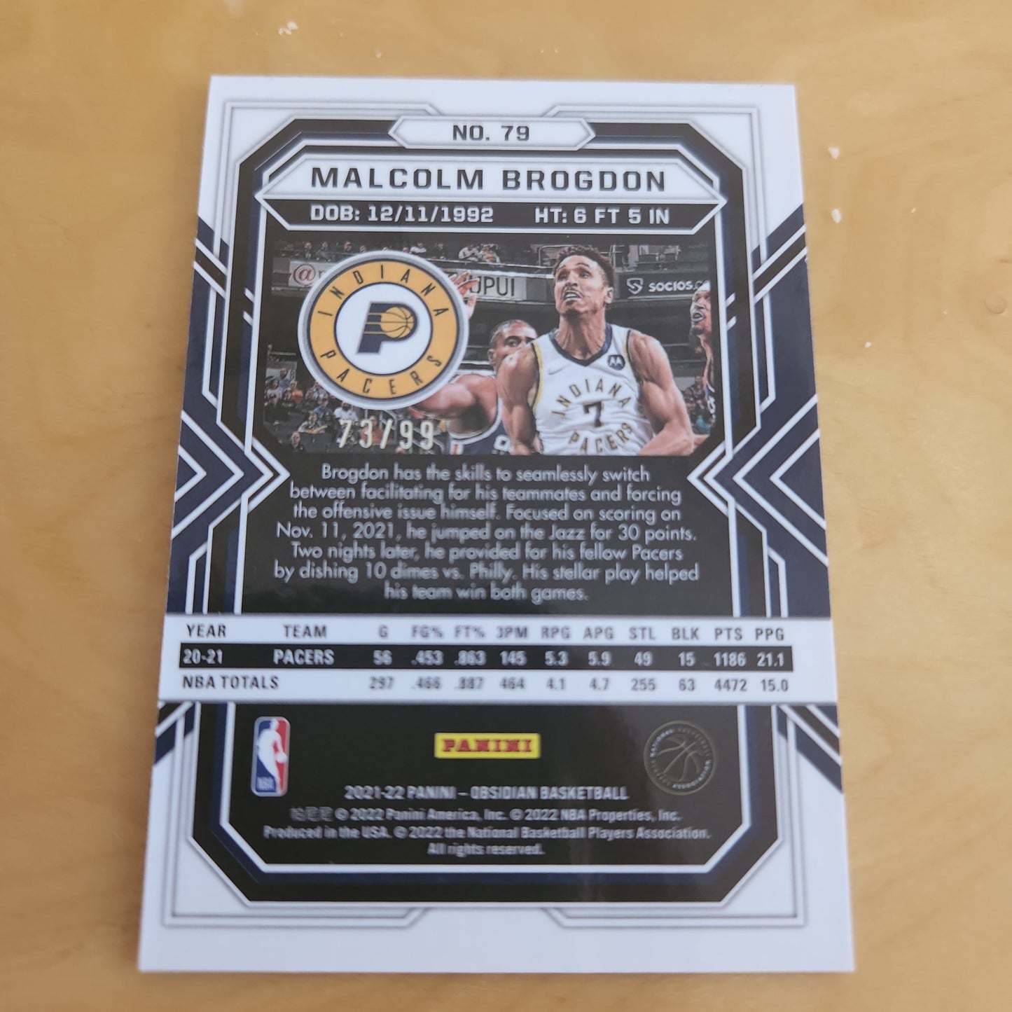 Panini Obsidian Purple Parallel Malcolm Brogdon 73/99 #79