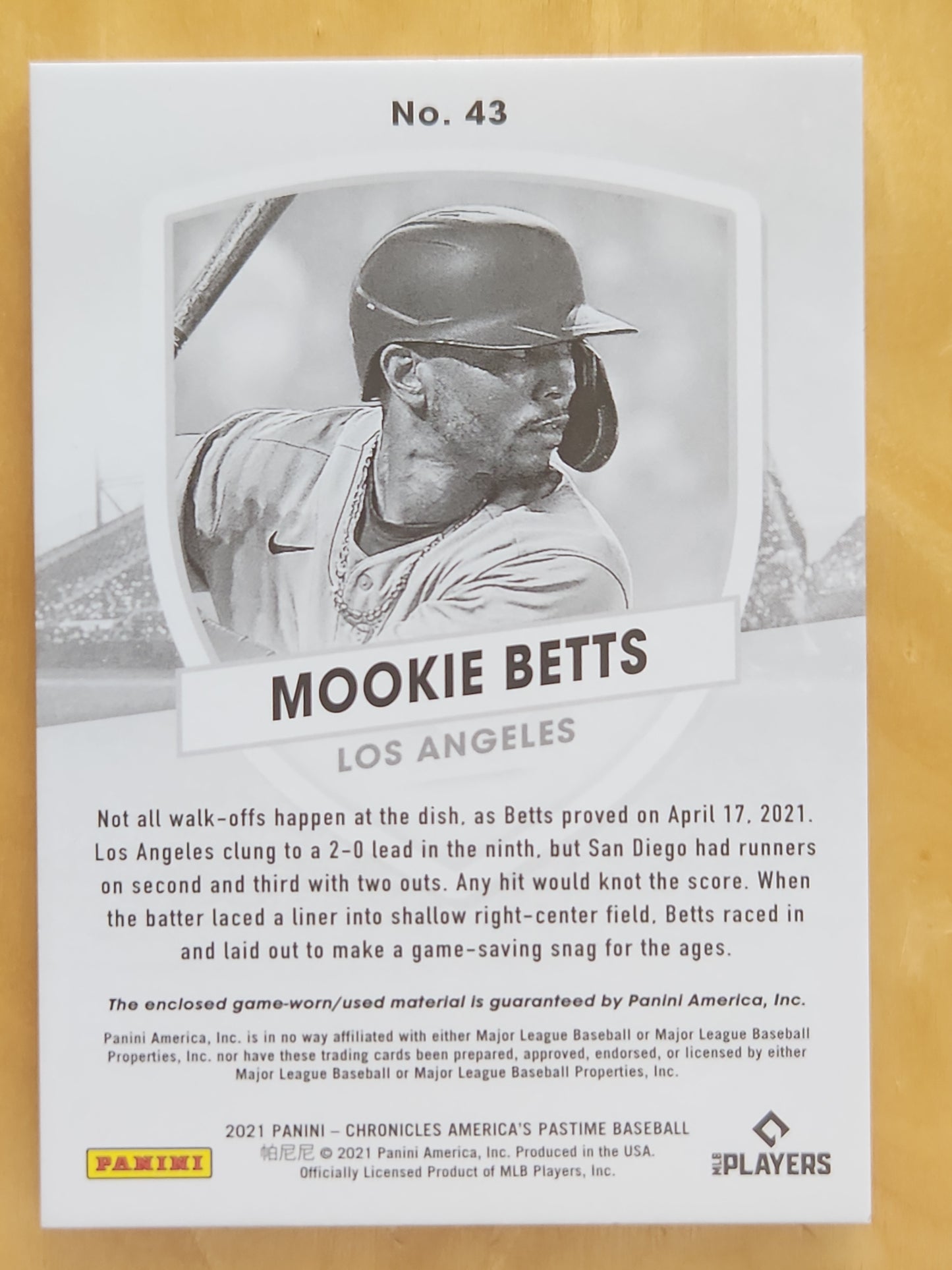 2021 Panini Chronicles Americas Pastime Mookie Betts #43 Jersey Relic 14/99