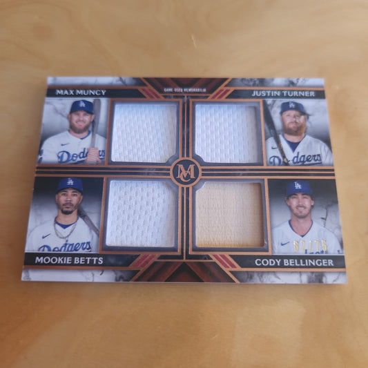 Topps Game Used Memorabila Quad Relic Card Max Muncy, Justin Turner, Mookie Betts, Cody Bellinger Jersey Patch, and Piece of Bat 62/75 #FPR-MTBB