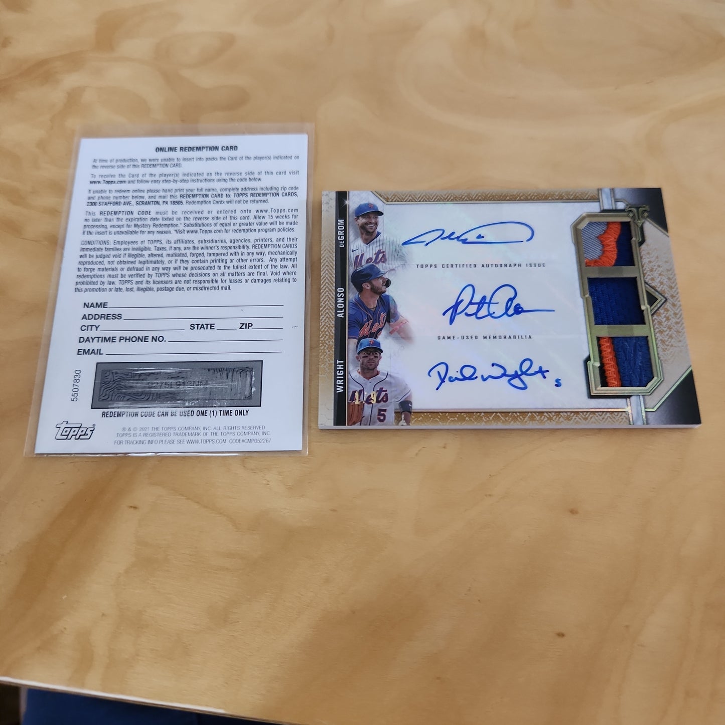 Topps Redemtion Card Redemend Topps Certified Triple Jersey Relic Auto Jacob DeGrom, Pete Alonso, And David Wright 1/9 #ARC-DAW