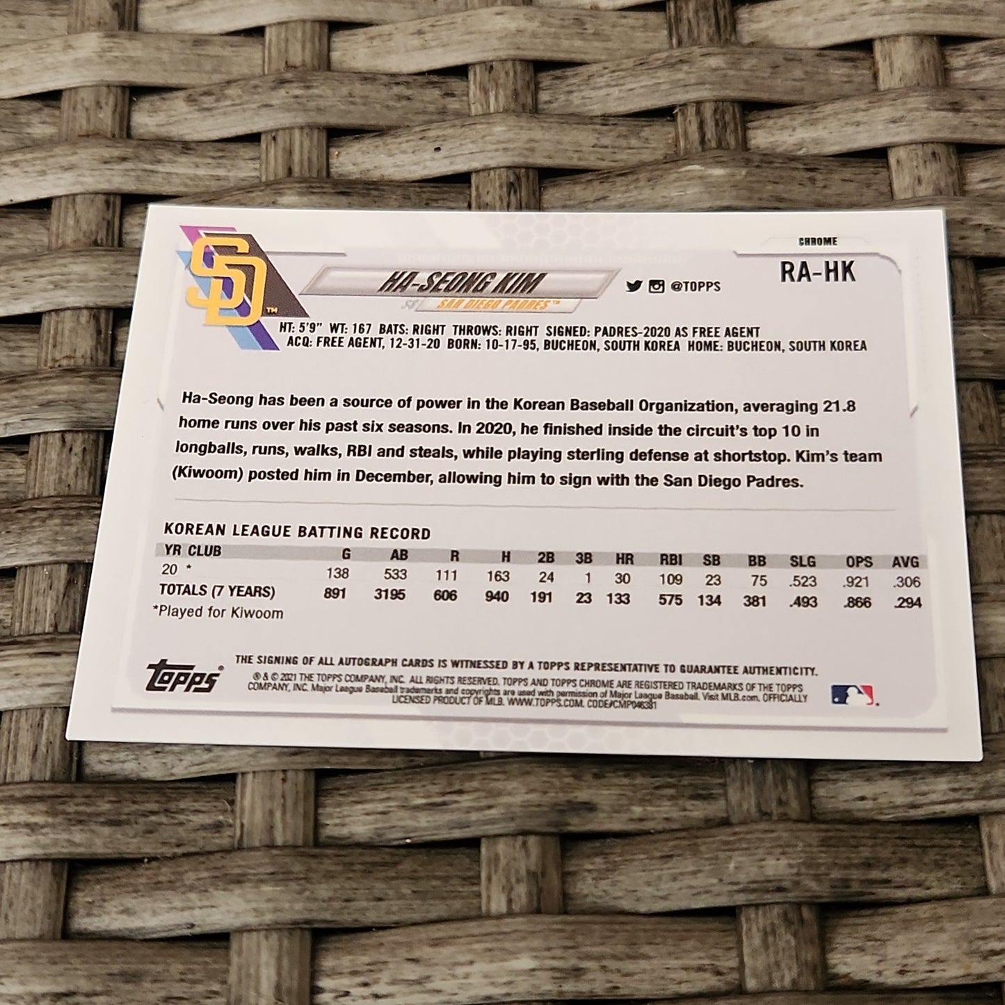 Topps Chrome Ha-Seong Kim RC Auto #RA-HK