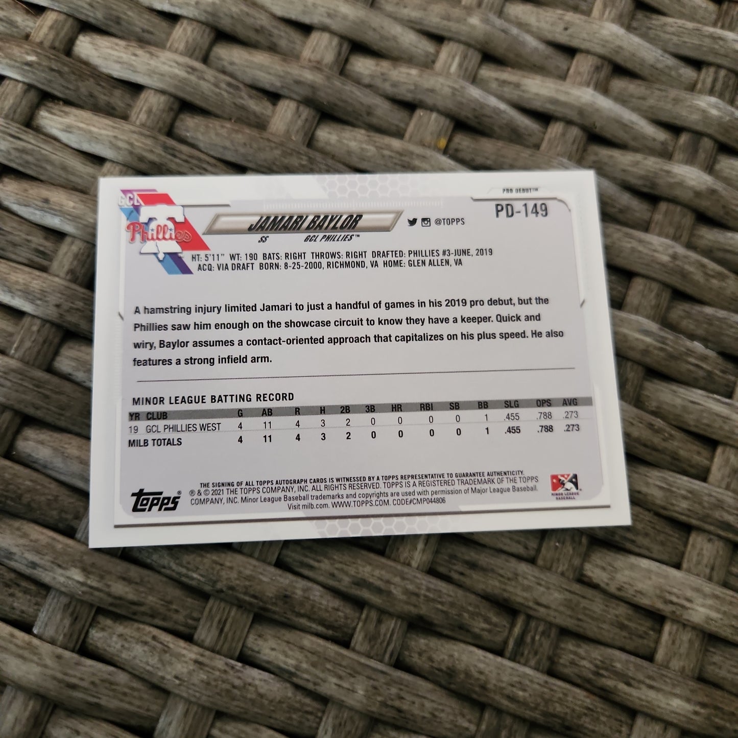 Topps Pro Debut Jamari Baylor Auto #PD-149
