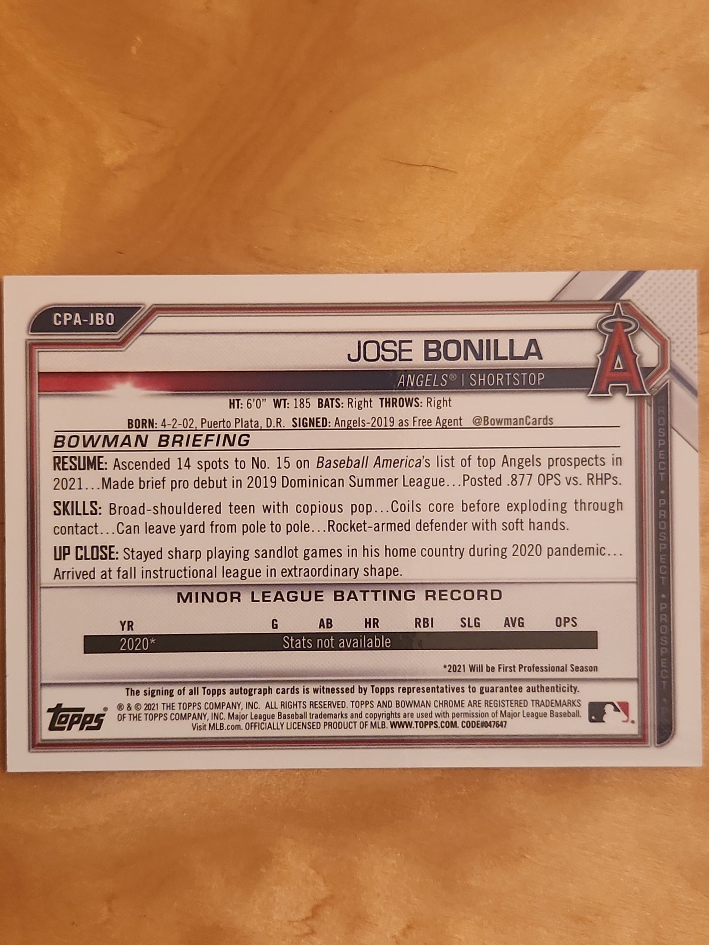 2021 Bowman Chrome Prospect Auto Jose Bonilla #CPA-JBO Auto