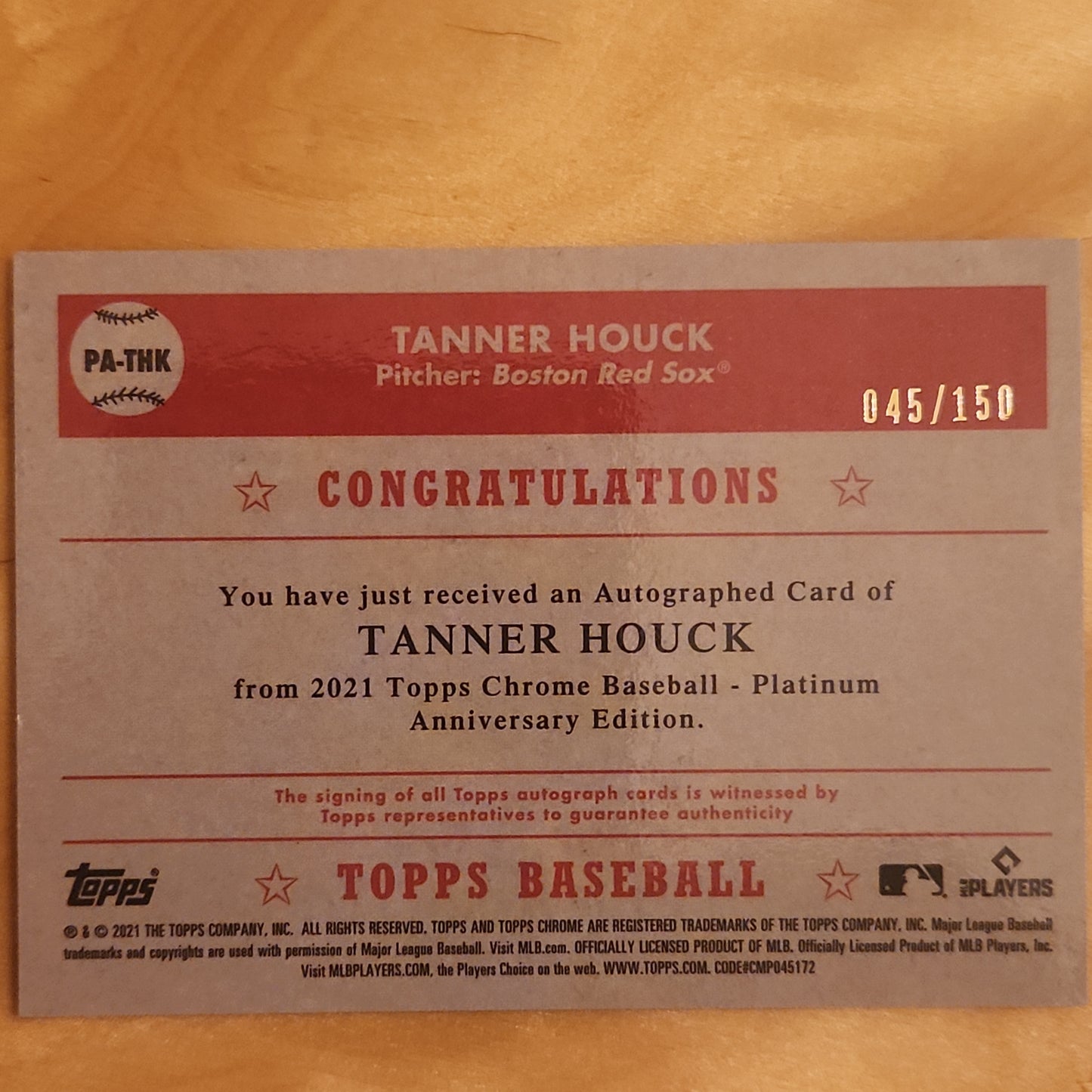 2021 Topps Chrome Platinum Anniversary #PA-THK Tanner Houck AQUA AUTO 045/150 RC