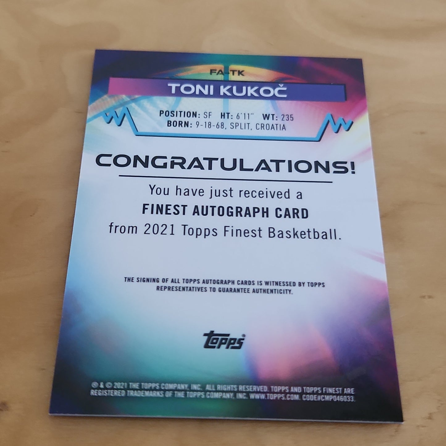 Topps Finest Toni Kukoč Auto #FA-TK