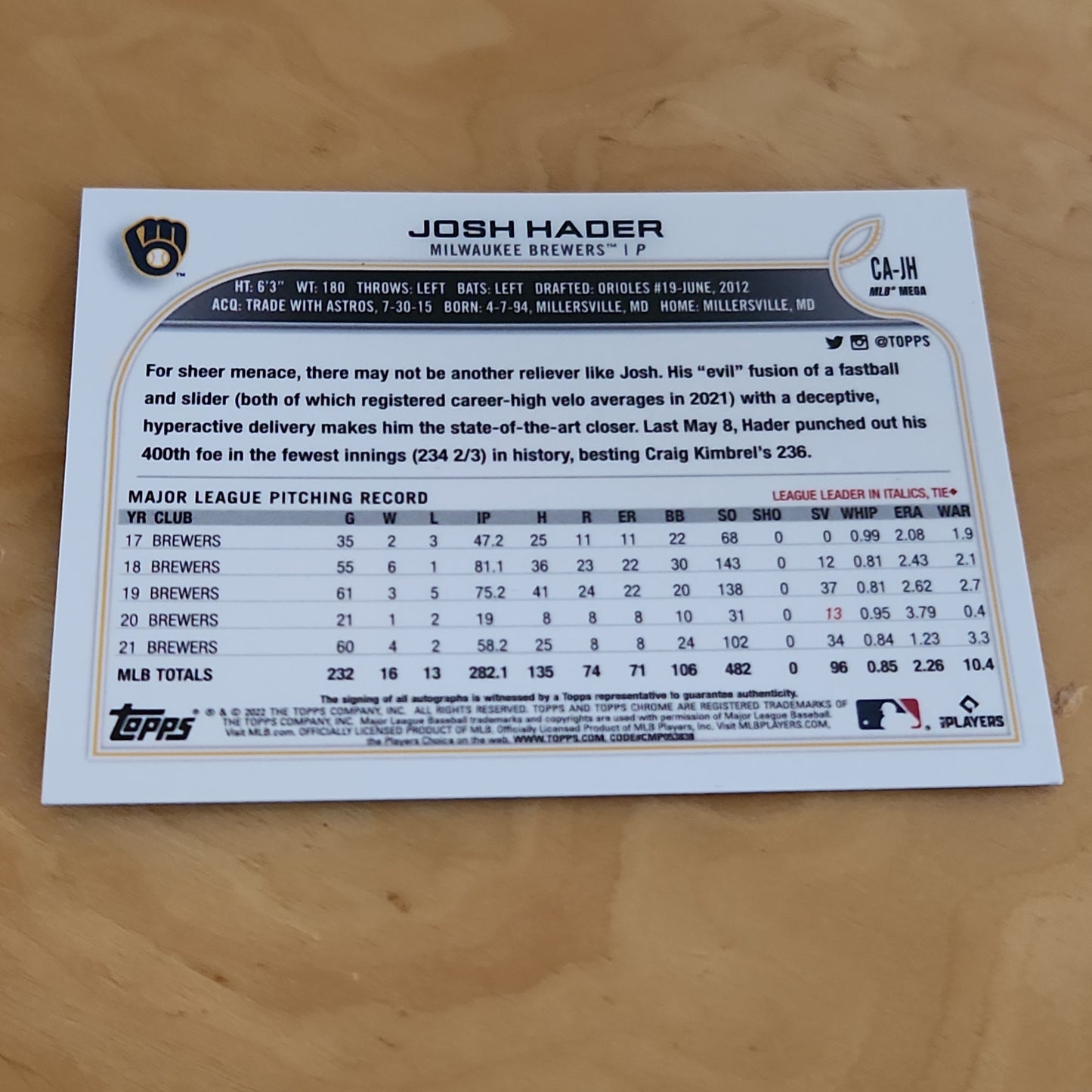Topps Chrome Logo Refractor Josh Hader Auto #CA-JH