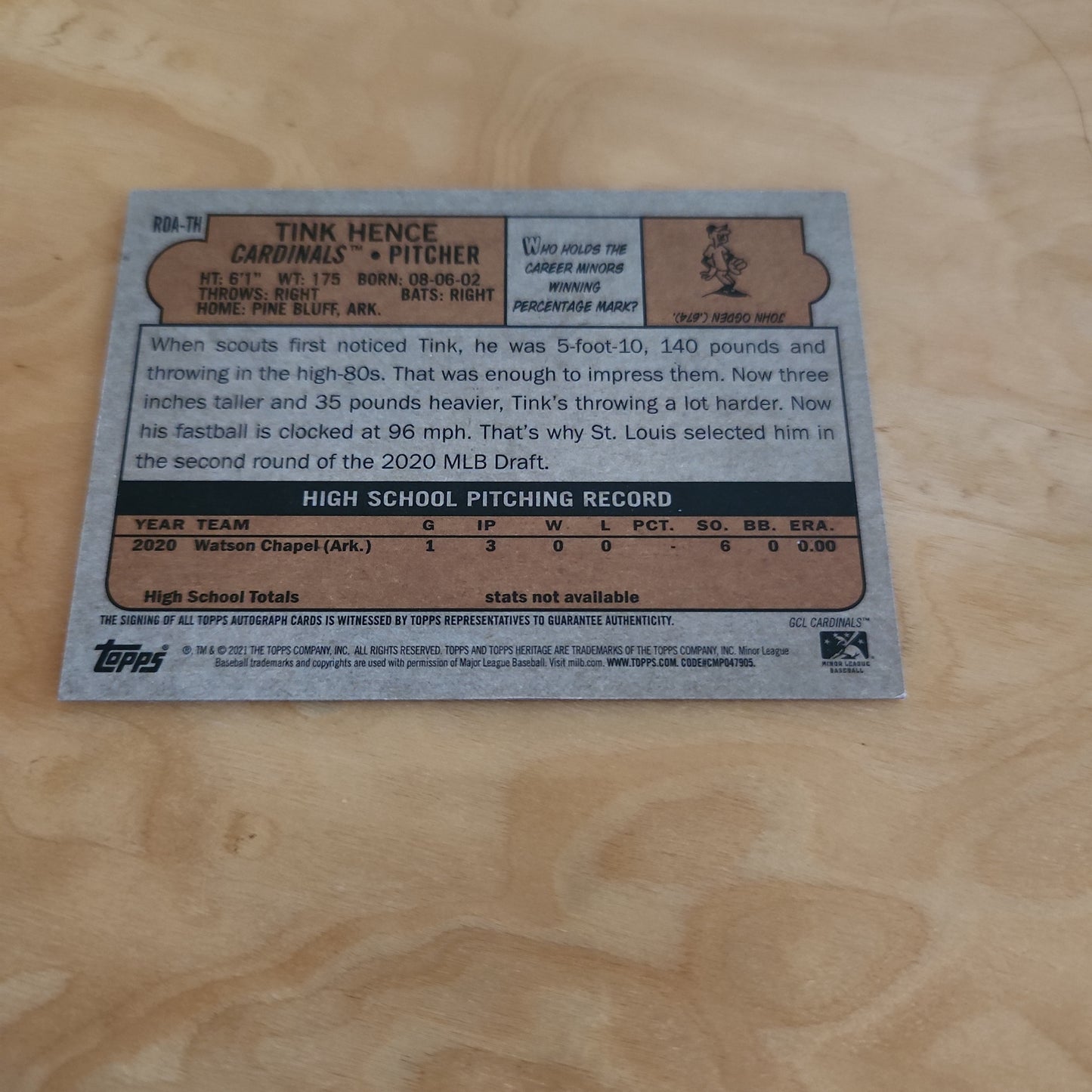 Topps Heritage Tink Hence Auto #ROA-TH