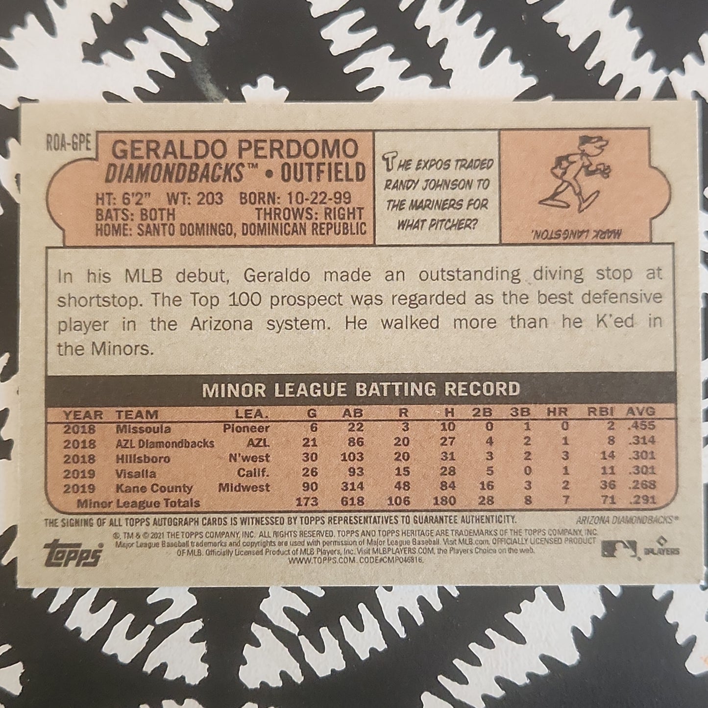 2021 Heritage High Number Real One Auto #ROA-GPE Geraldo Perdomo AZ Diamondbacks