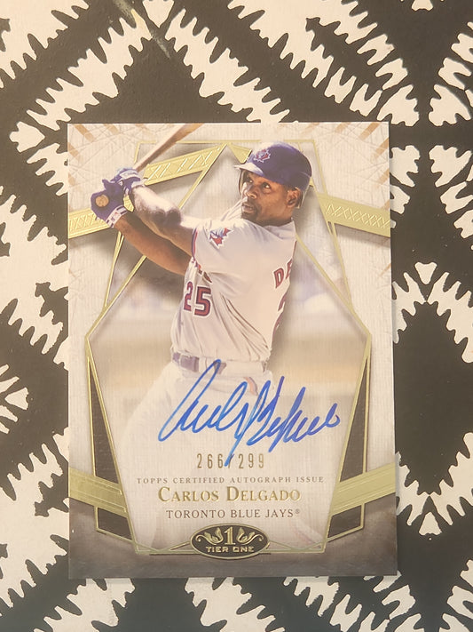 2022 Topps Tier One #PPA-CD Carlos Delgado On Card Blue Auto 266/299 SP Blue Jays