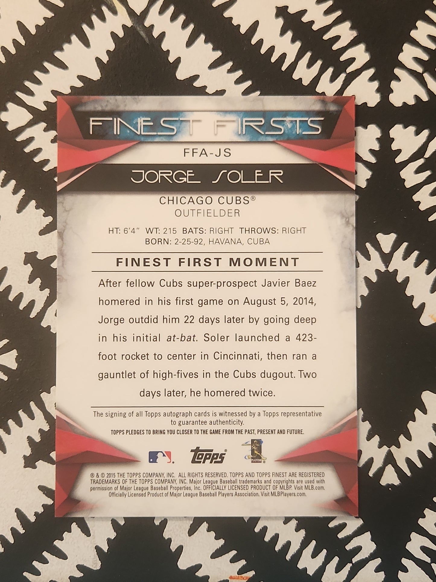 2015 Topps Finest Firsts Auto Jorge Soler #FFA-JS Rookie Auto RC