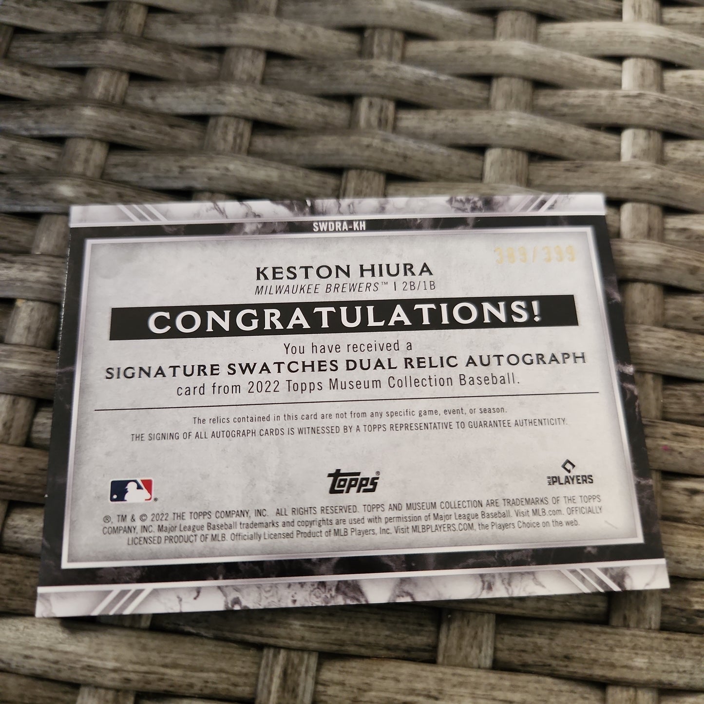Topps Keston Hiura Double Relic Auto 389/399 #SWDRQ-KH