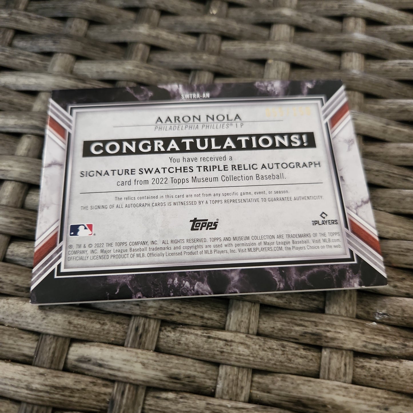 Topps Aaron Nola Triple Relic Auto 055/150 #SWTRA-AN