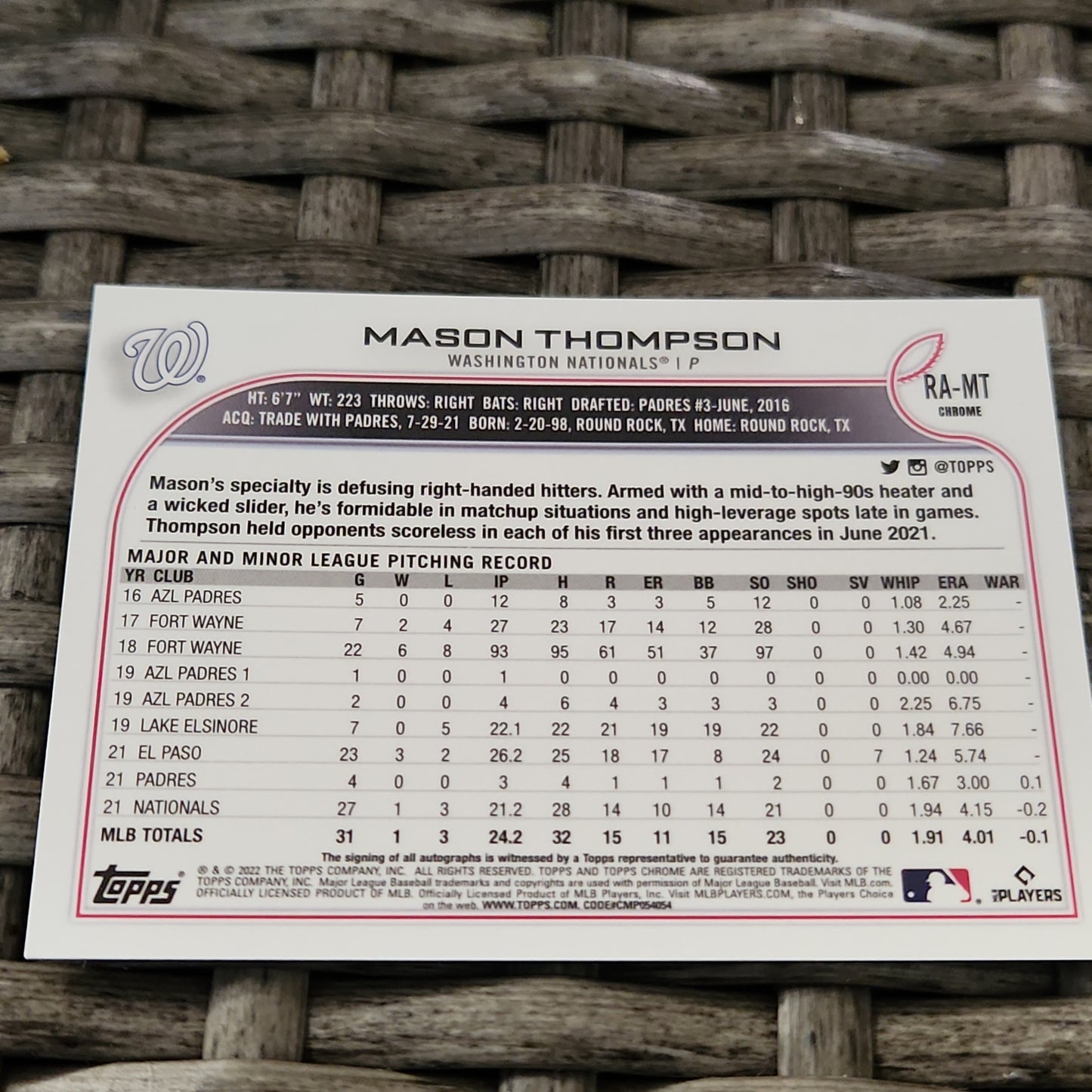 Topps Chrome Mason Thompson RC Auto #RA-MT