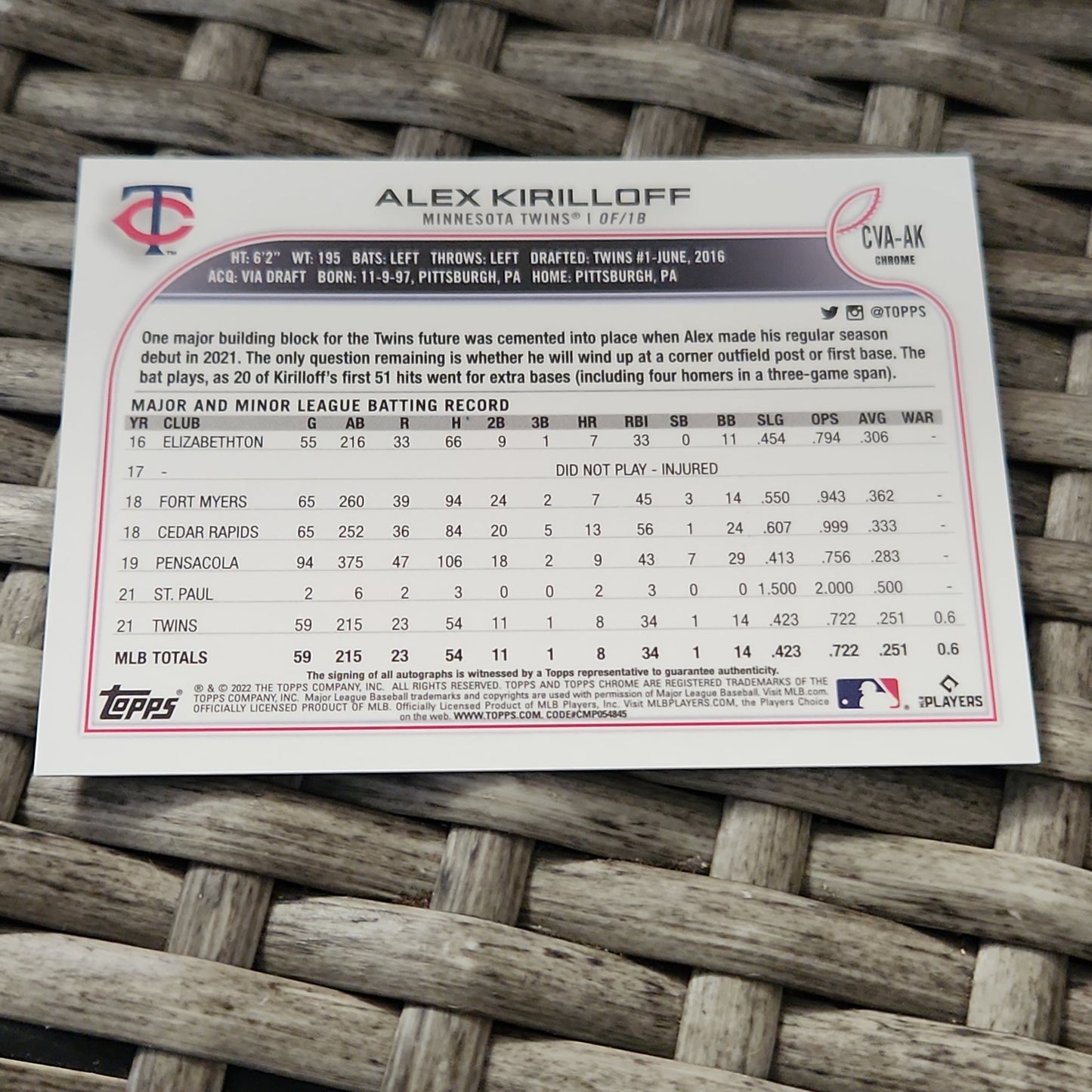 Topps Chrome Alex Kirilloff Auto #CVA-AK