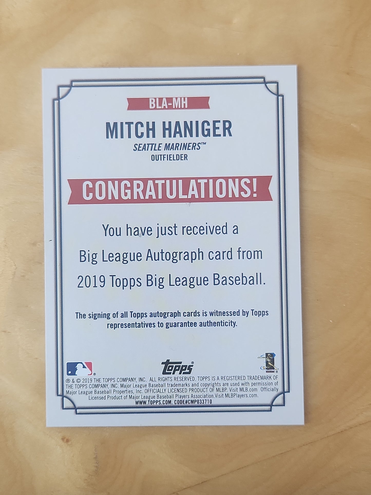 2019 Topps Big League Big League Auto Mitch Haniger #BLA-MH Auto