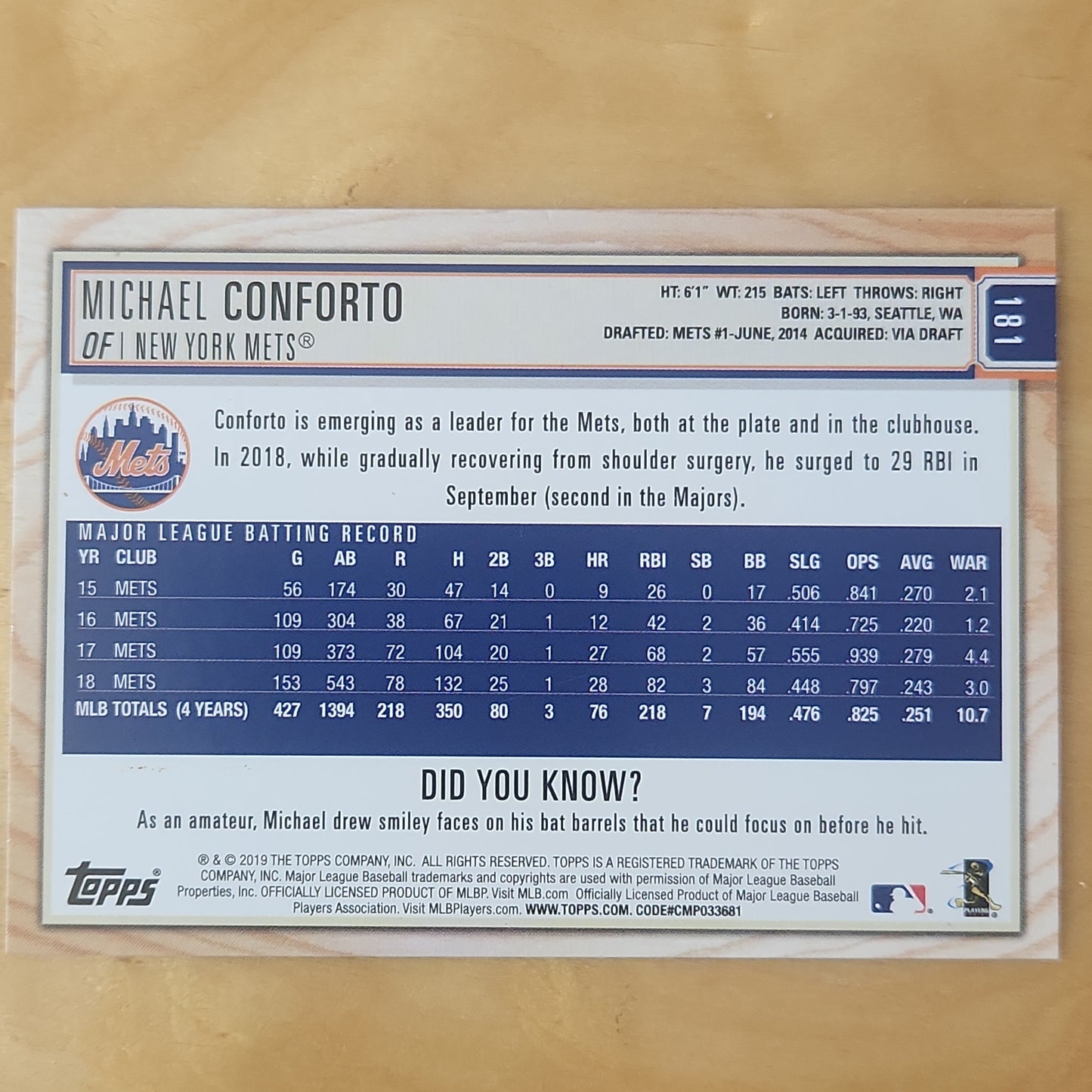 2019 Topps Big League #181 Michael Conforto Mets NM-MT